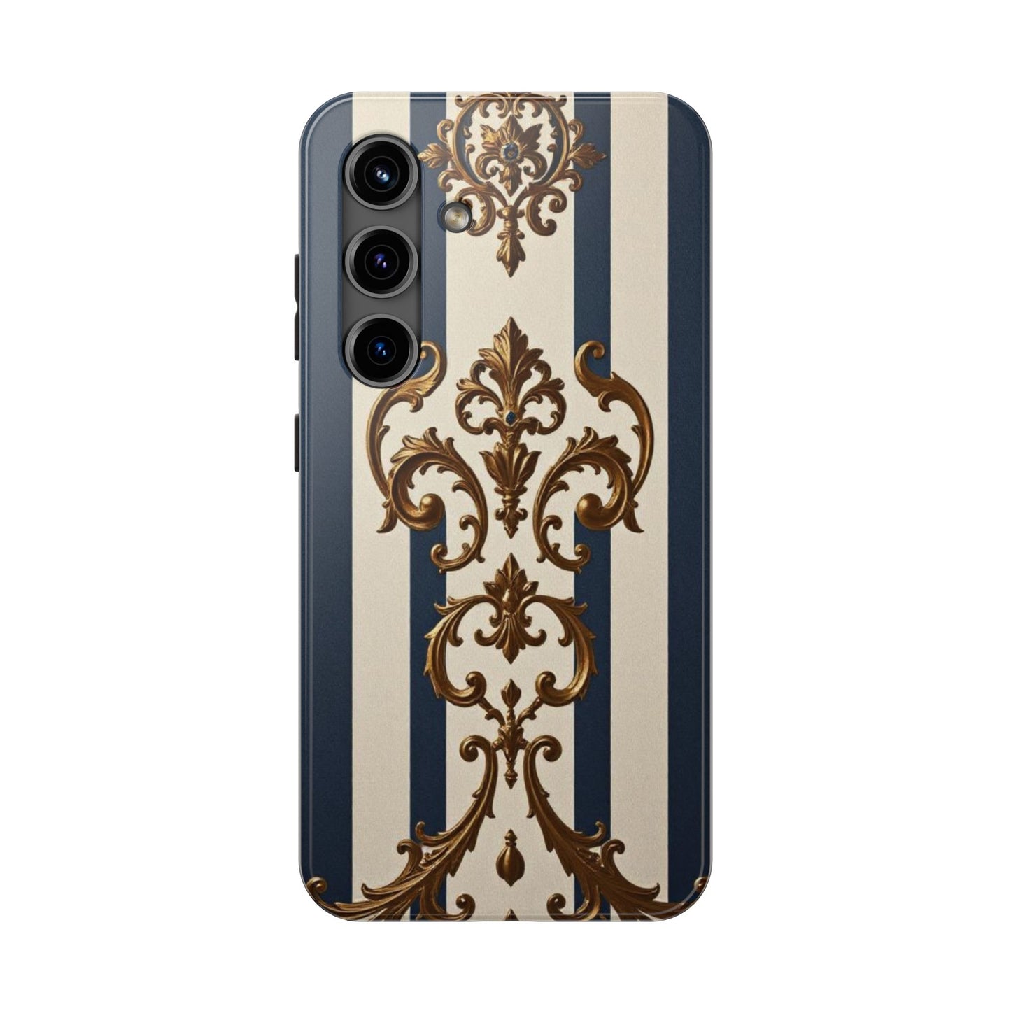 Damask Tough Phone Case - Alabaster & Blue Striped Damask