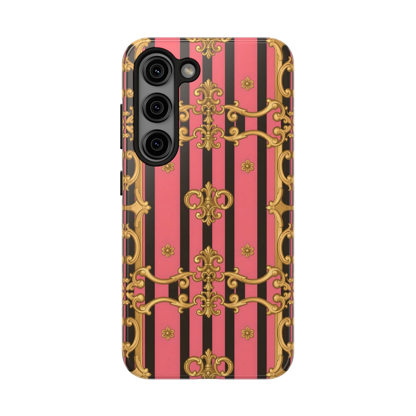 Elegant Baroque Tough Phone Cases, Stylish Protection, Gift for Her, Trendy Accessory - Pink & Black Striped Gold Baroque