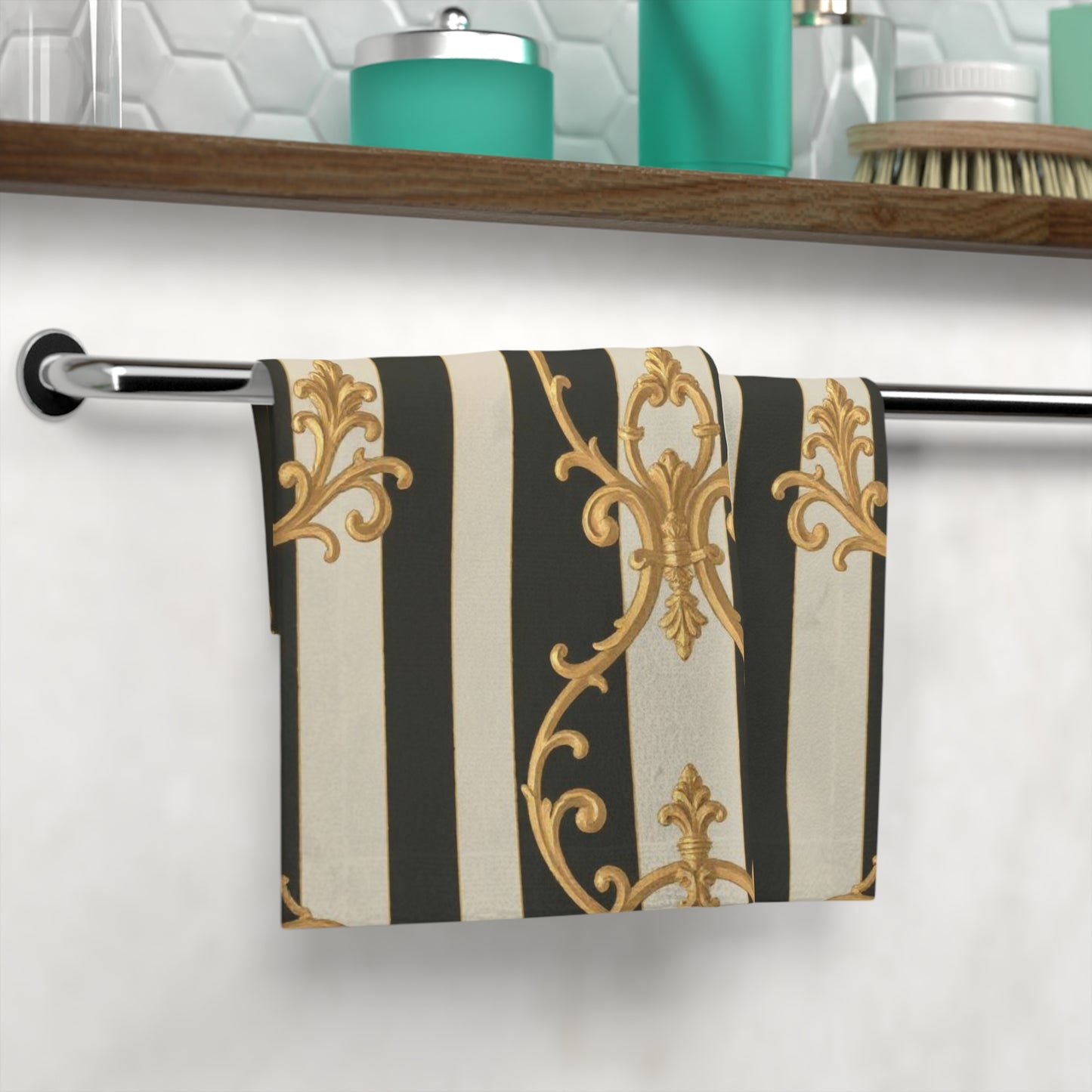 Elegant  Black and Alabaster Striped Baroque Face Towel for Spa Days, Bathroom Decor, Gift for Her, Luxe Home Accessories