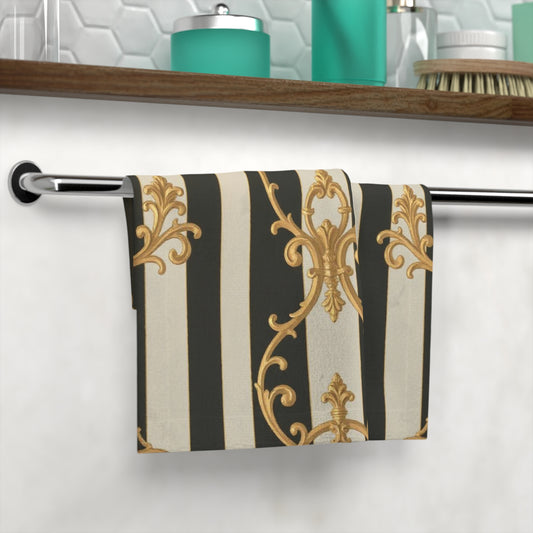 Elegant  Black and Alabaster Striped Baroque Face Towel for Spa Days, Bathroom Decor, Gift for Her, Luxe Home Accessories