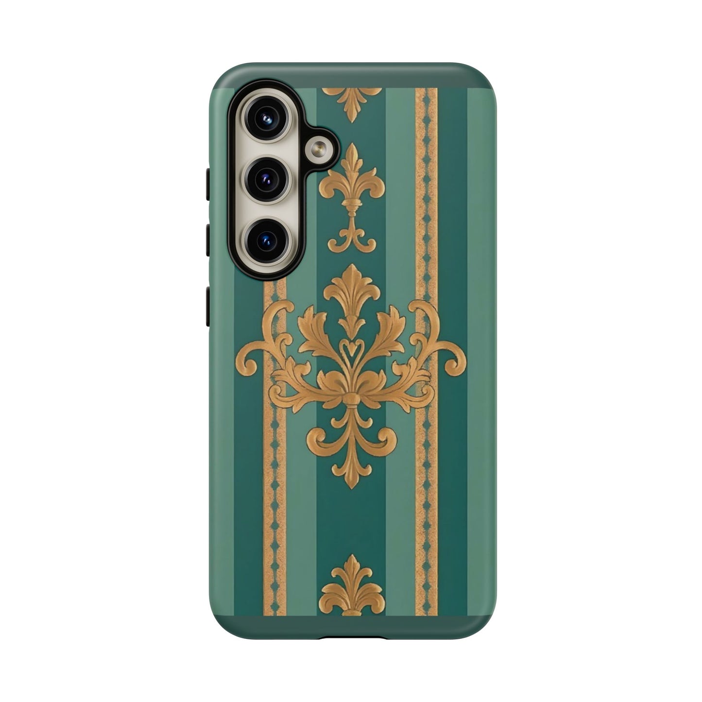 Elegant Floral Motif Phone Case - Tough Cases with Vintage Design - Teal Striped Gold Damask