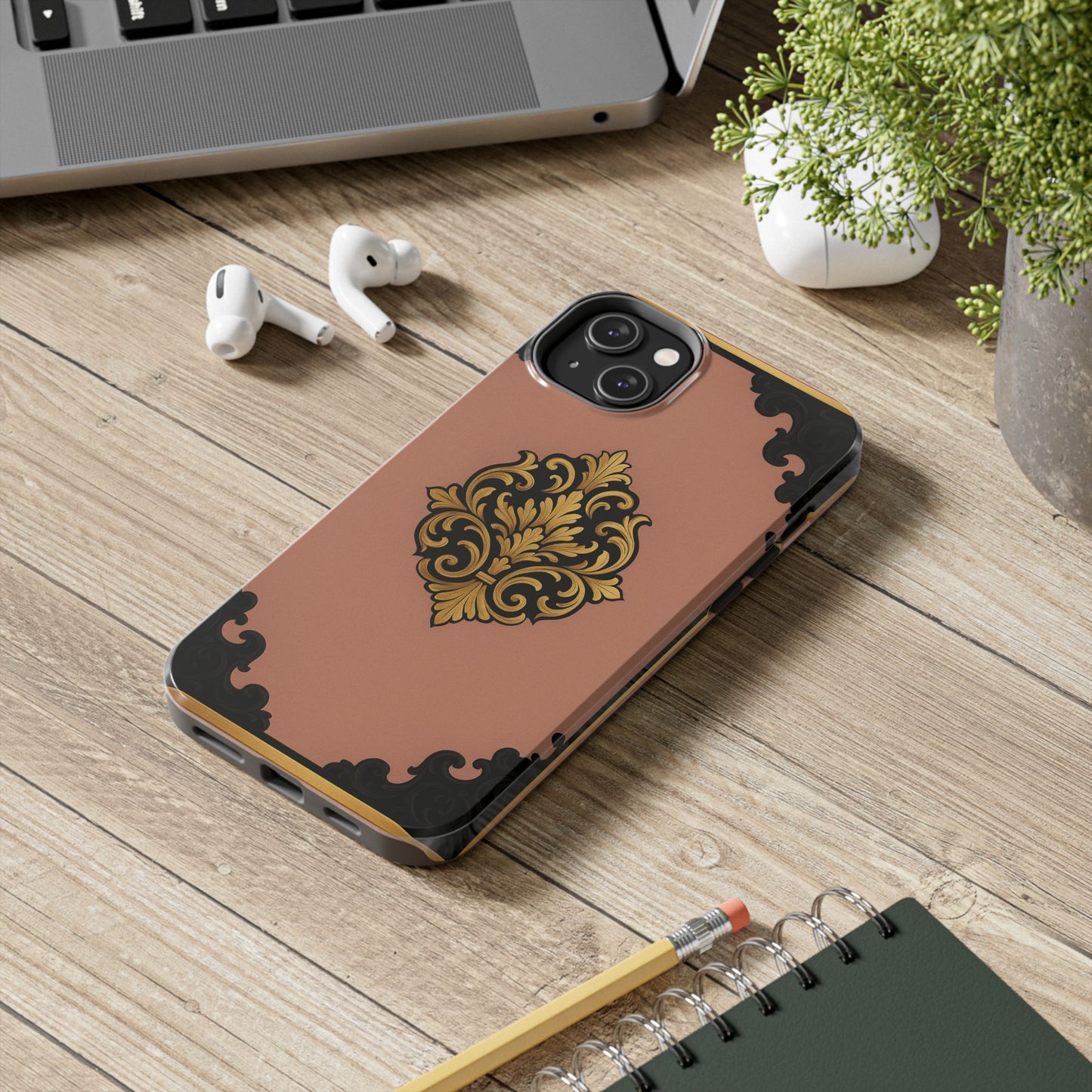 Mauve & Black-Gold Baroque Tough Phone Case — Ornate Protective iPhone Cover
