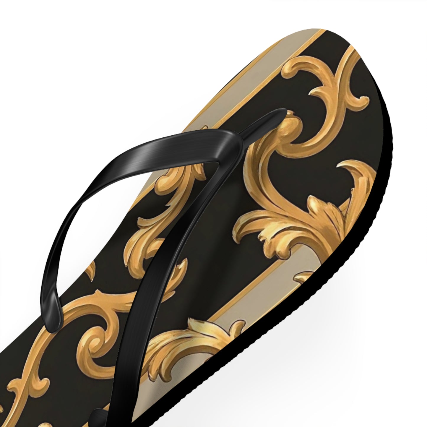 Stylish Flip Flops with Elegant Gold Design, Beachwear, Summer Sandals, Vacation Footwear, Poolside Essentials - Blue & Black Striped Rococo