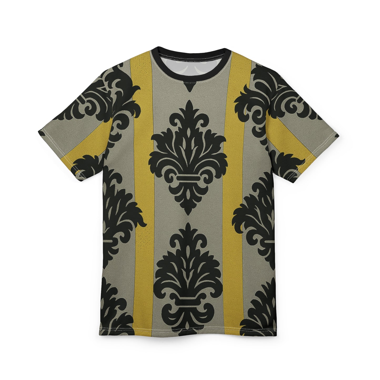 Chic Statement Tee, Trendy Fashion Shirt, Unique Graphic Tee, Stylish Casual Top, Perfect Gift for Fashion Lovers - Silver & Gold Striped Black Baroque