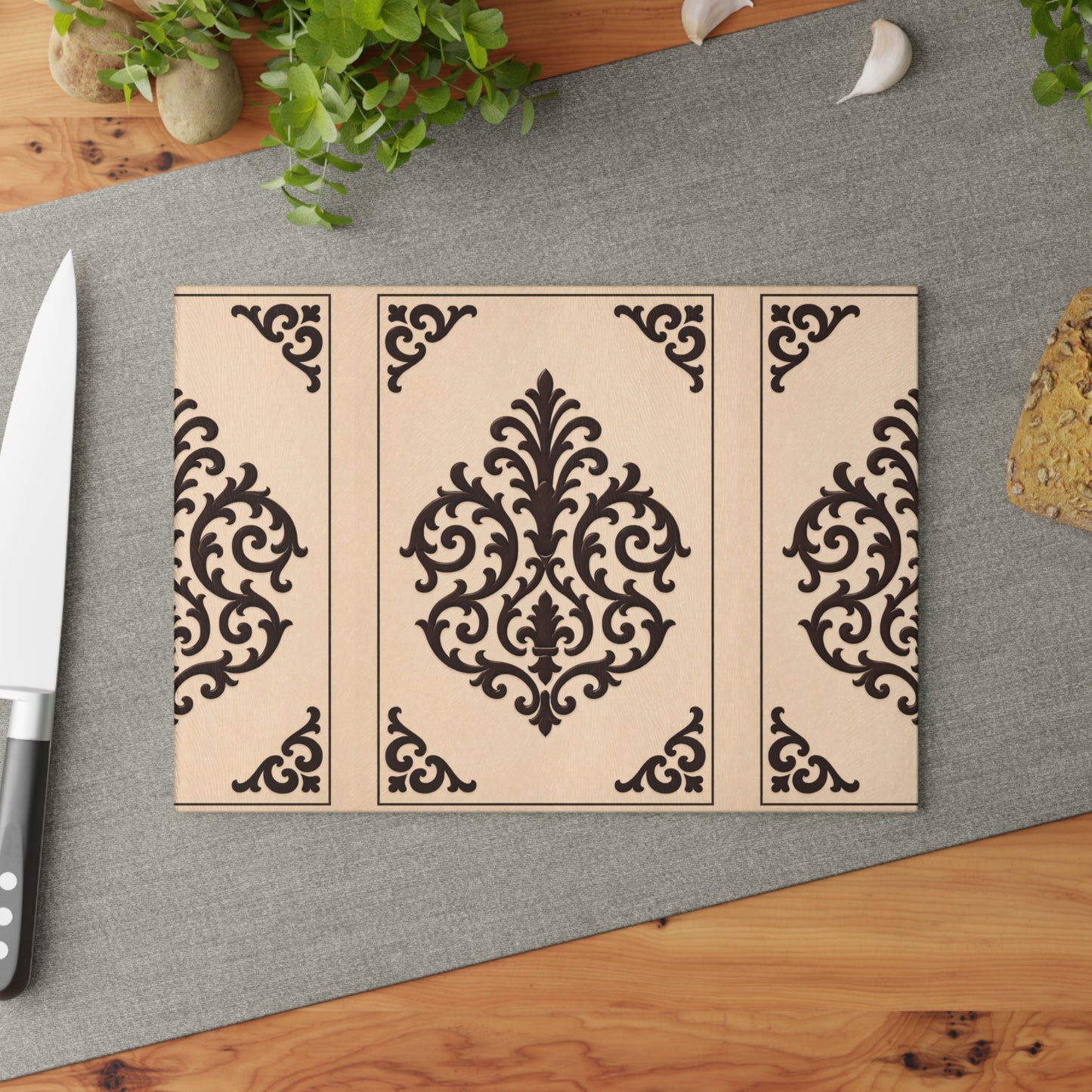 Almond-Beige & Brown Baroque Glass Cutting Board — Elegant Kitchen Trivet & Prep Surface