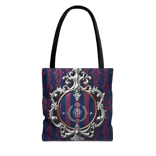 Elegant AOP Tote Bag - Vintage Opulence Design, Stylish Handbag for Shopping, Gift, Travel, Everyday Use - Blue & Plum Striped Silver Crest