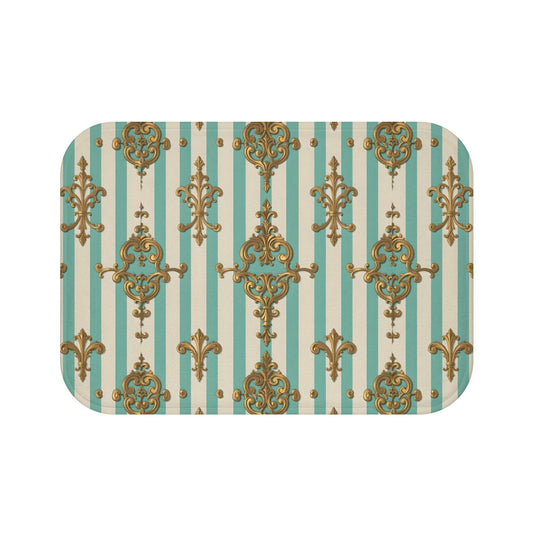 Elegant Vintage-Inspired Bath Mat, Luxurious Bath Decor, Home Bathroom Accessory, Gift for Her - Matte Green Striped Rococo