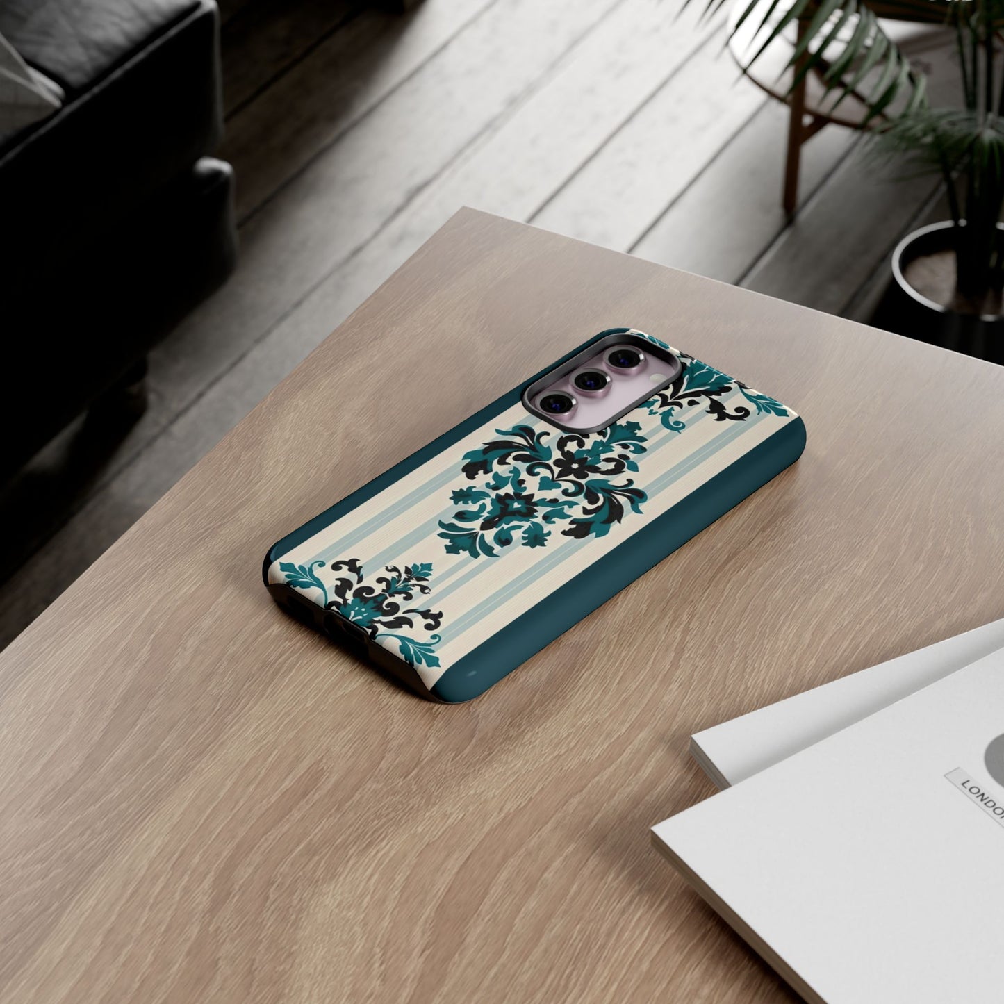 Elegant Floral Phone Case - Tough Cases with Vintage Design - Teal Striped Damask