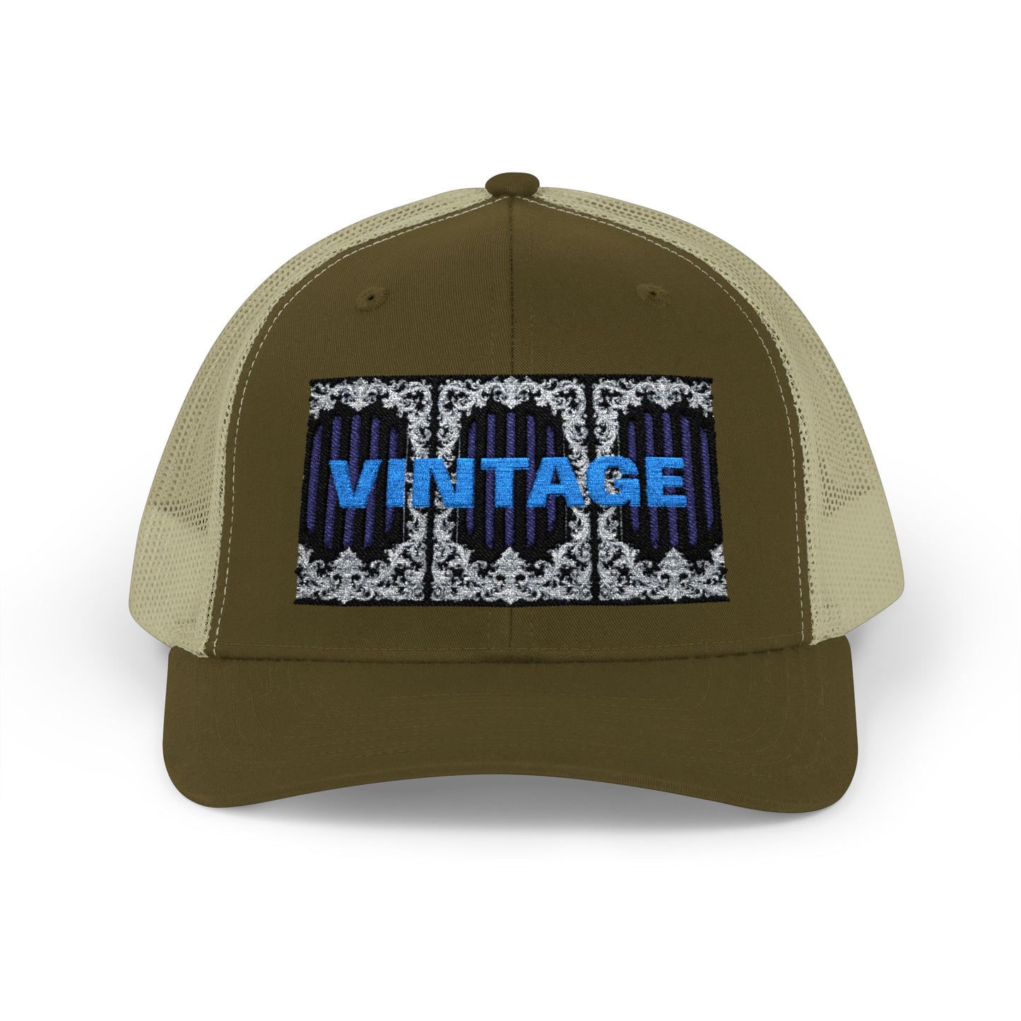 Vintage Navy Stripes & Baroque Trucker Cap — Retro 'VINTAGE' Embroidered Snapback