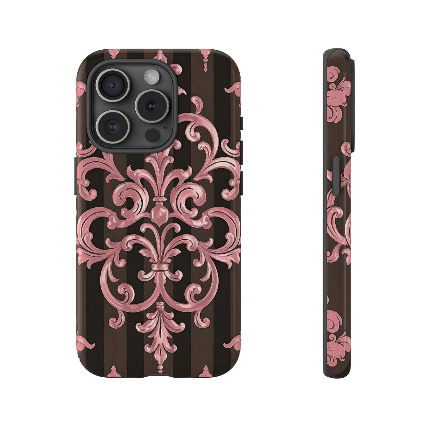 Elegant Floral Motif Phone Case - Tough Cases with Vintage Design - Brown Striped Mauve Damask