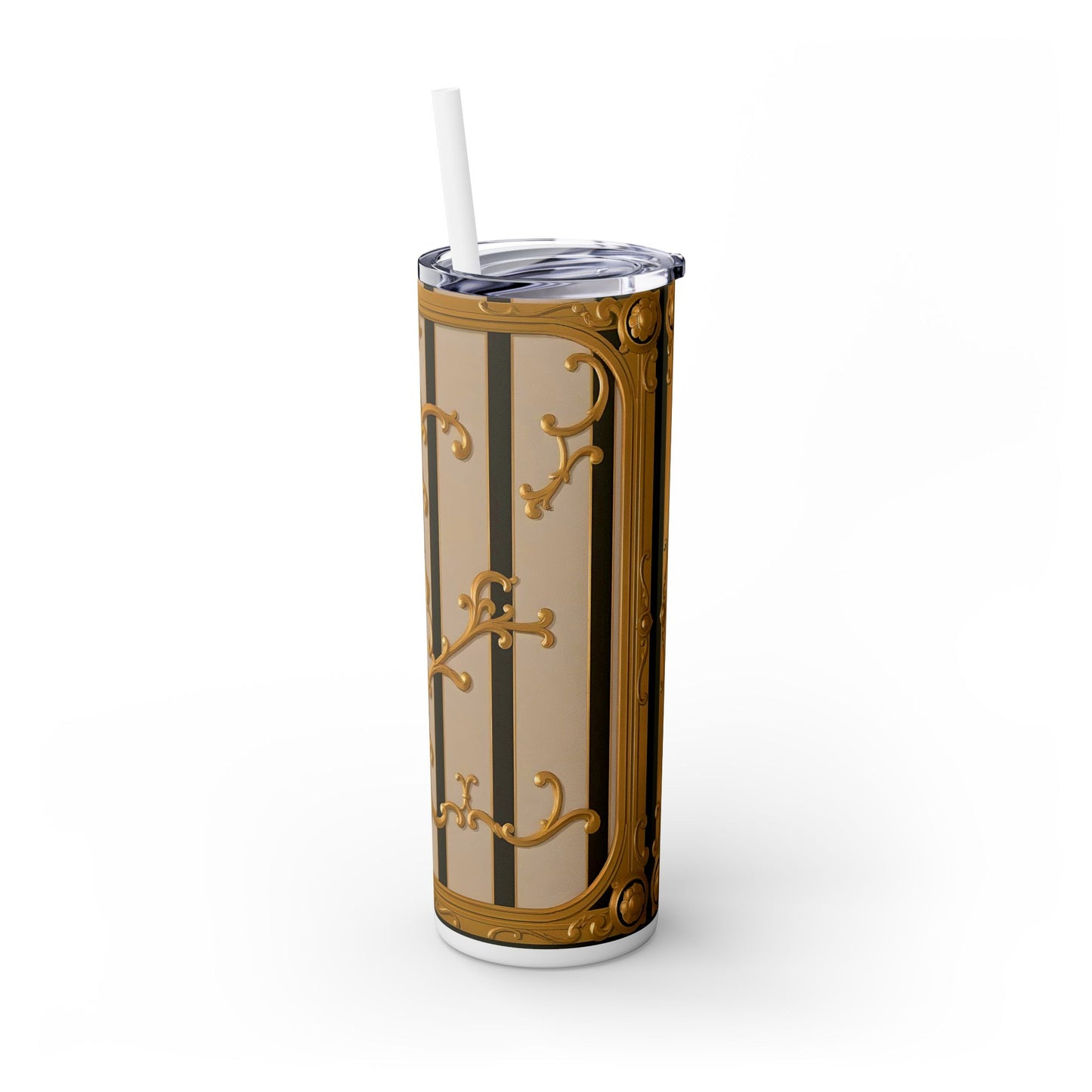 Skinny Tumbler with Straw, 20oz - Beige Striped Gold Rococo