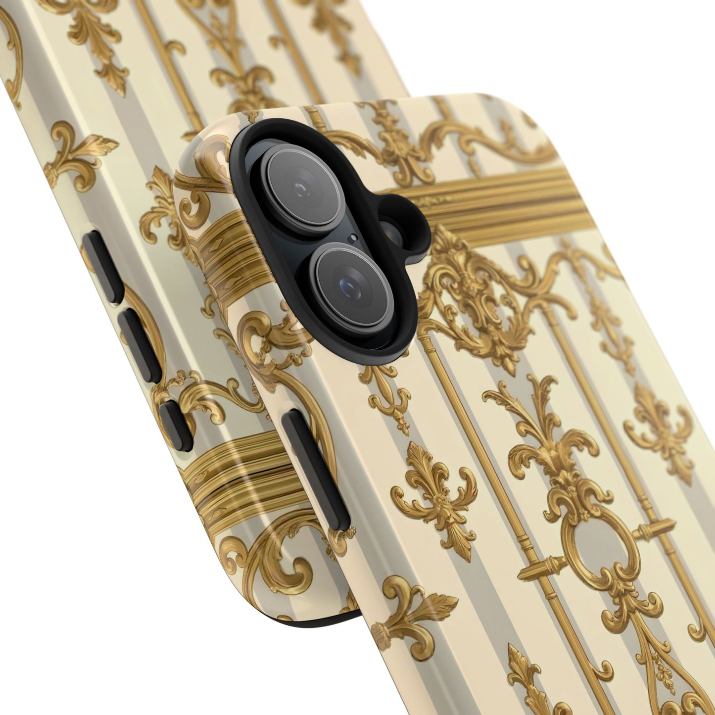 Elegant Gold Pattern Tough Phone Cases | Stylish Phone Covers, Trendy Cell Phone Accessories - Matte Gray & Cream Striped Gold Baroque