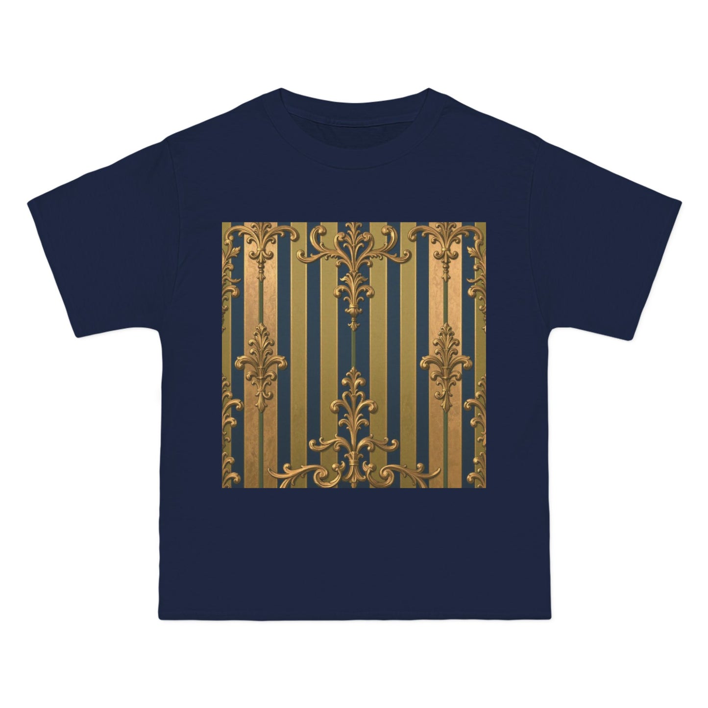 Elegant Midnight Blue & Olive Striped Gold Baroque Short-Sleeve Unisex T-Shirt, Vintage Fashion Tee, Casual Summer Top