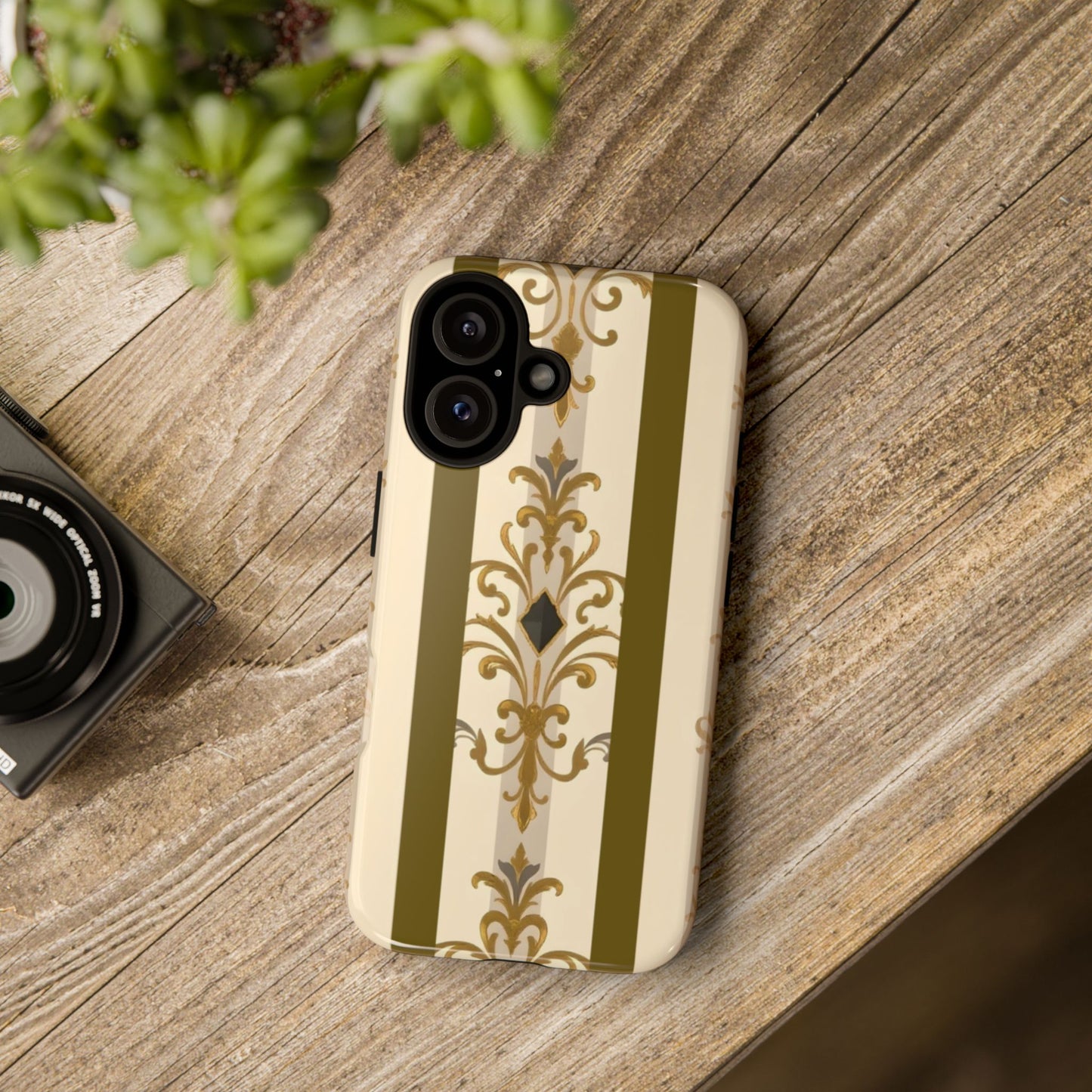 Elegant Floral Motif Phone Case - Tough Cases with Vintage Design - Olive Striped Gold Damask
