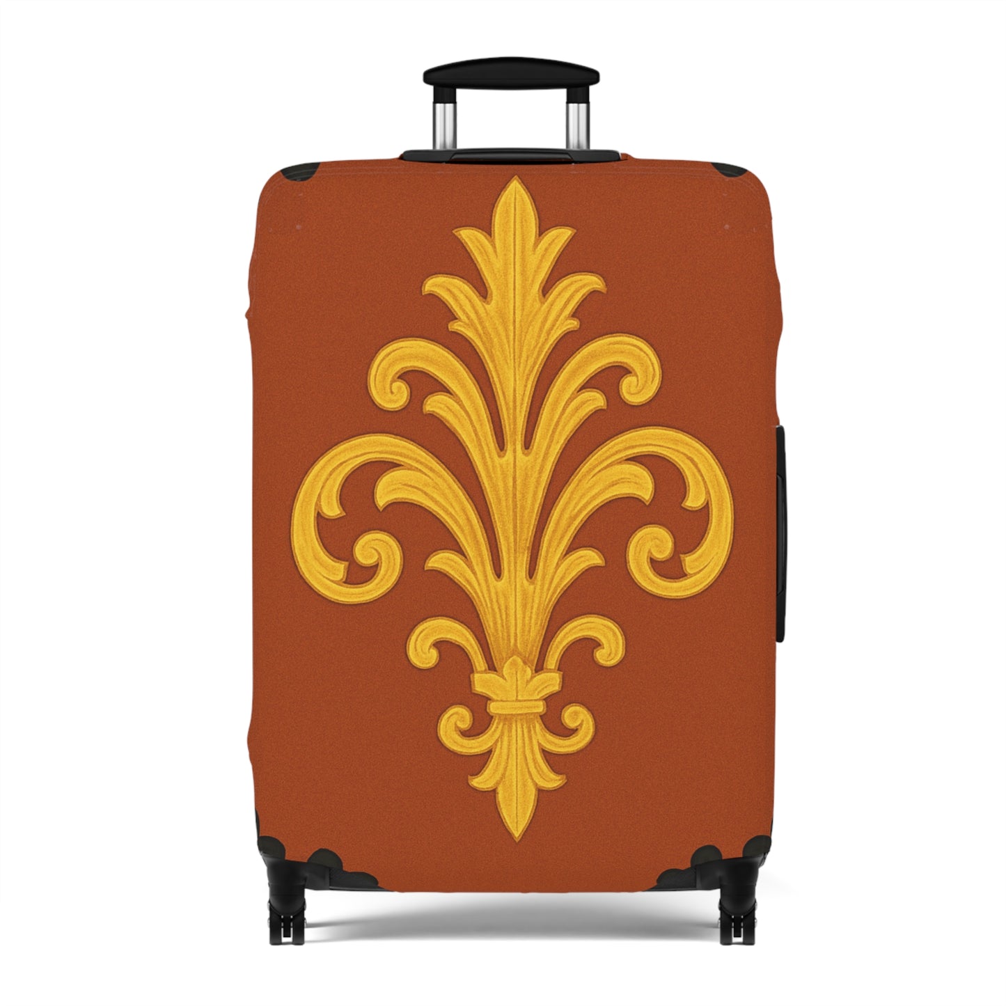 Dusk Terracotta Baroque - Vintage Gold Baroque Design Luggage Cover — Elegant Golden Scroll Travel Protector