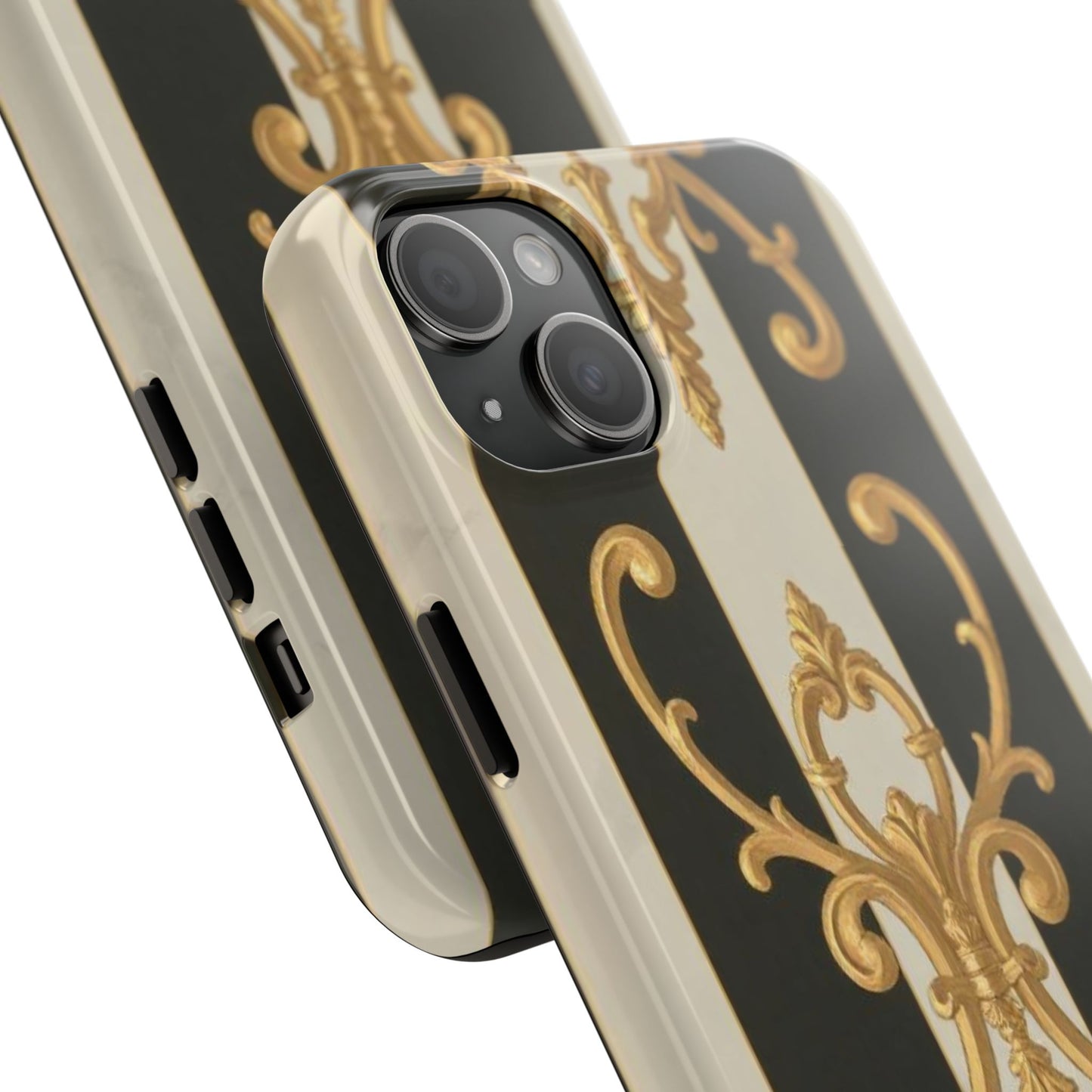 Elegant Black & Alabaster Striped Baroque Tough Phone Cases - Chic Protection, Black Gold Decor, Stylish Accessory, Gift for Her, Trendy Tech