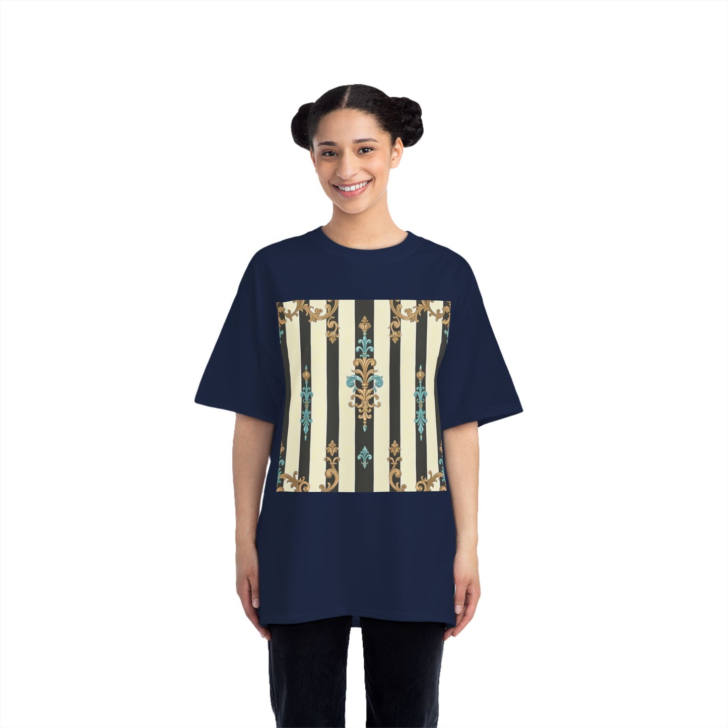 Elegant Floral Pattern Tee, Vintage Style T-Shirt, Gift for Her, Casual Outfit - Black Striped Turquoise & Black Rococo