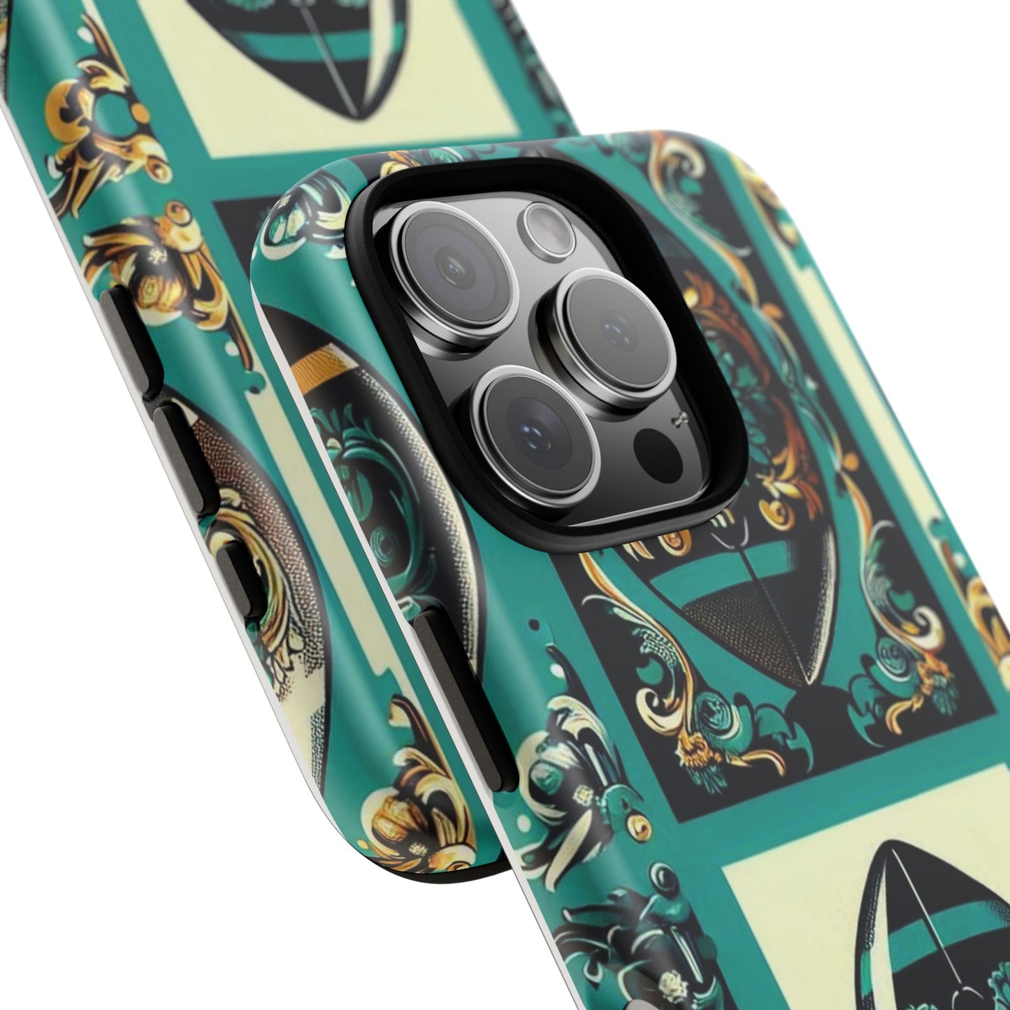 Elegant Floral Motif Phone Case - Tough Cases with Vintage Design -  Damask Teal, Gold & Black Footballs