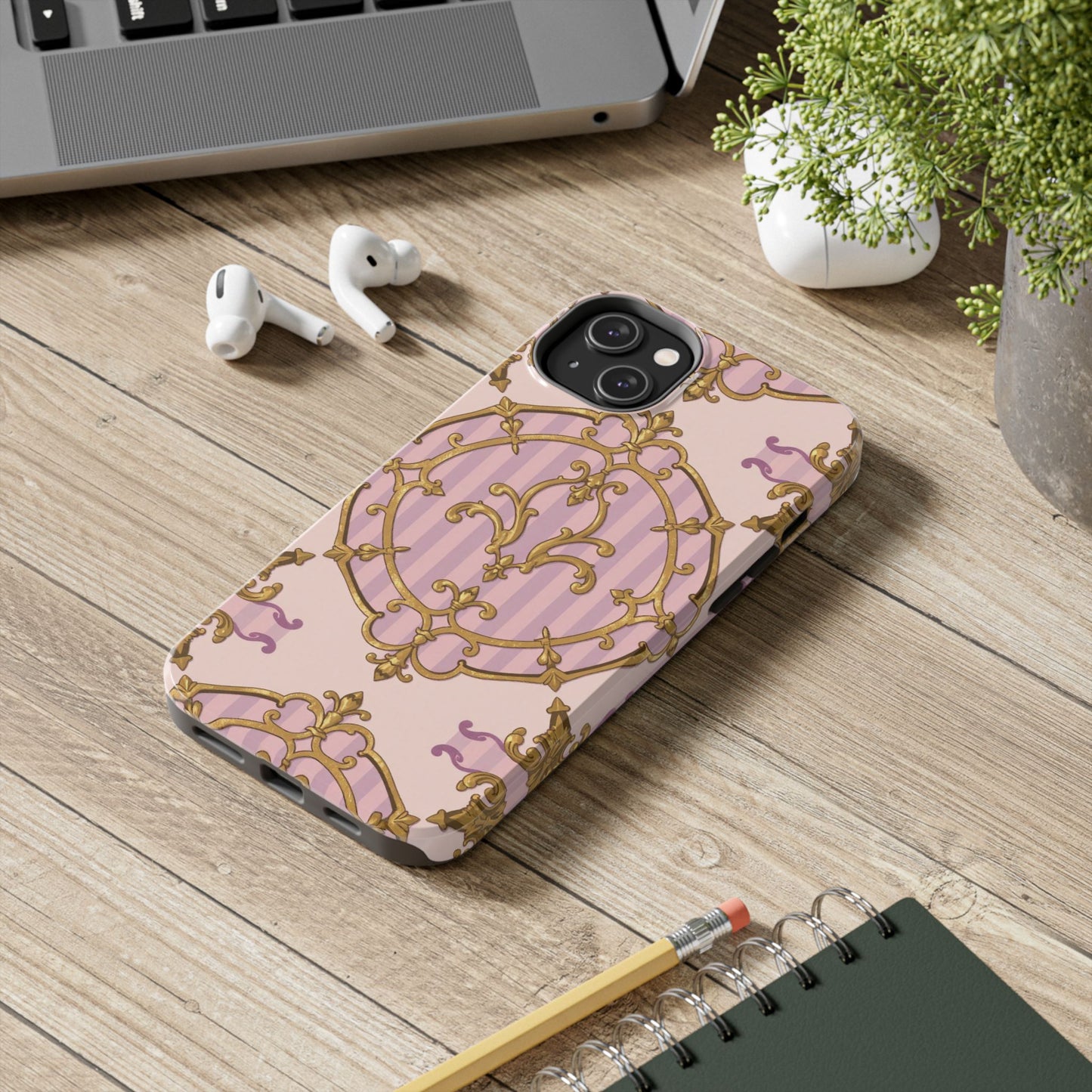 Elegant Vintage Phone Case, Tough Phone Case, Lavender & Alabaster Striped Gold Baroque Phone Cover, Stylish Phone Protector, Gift for Her
