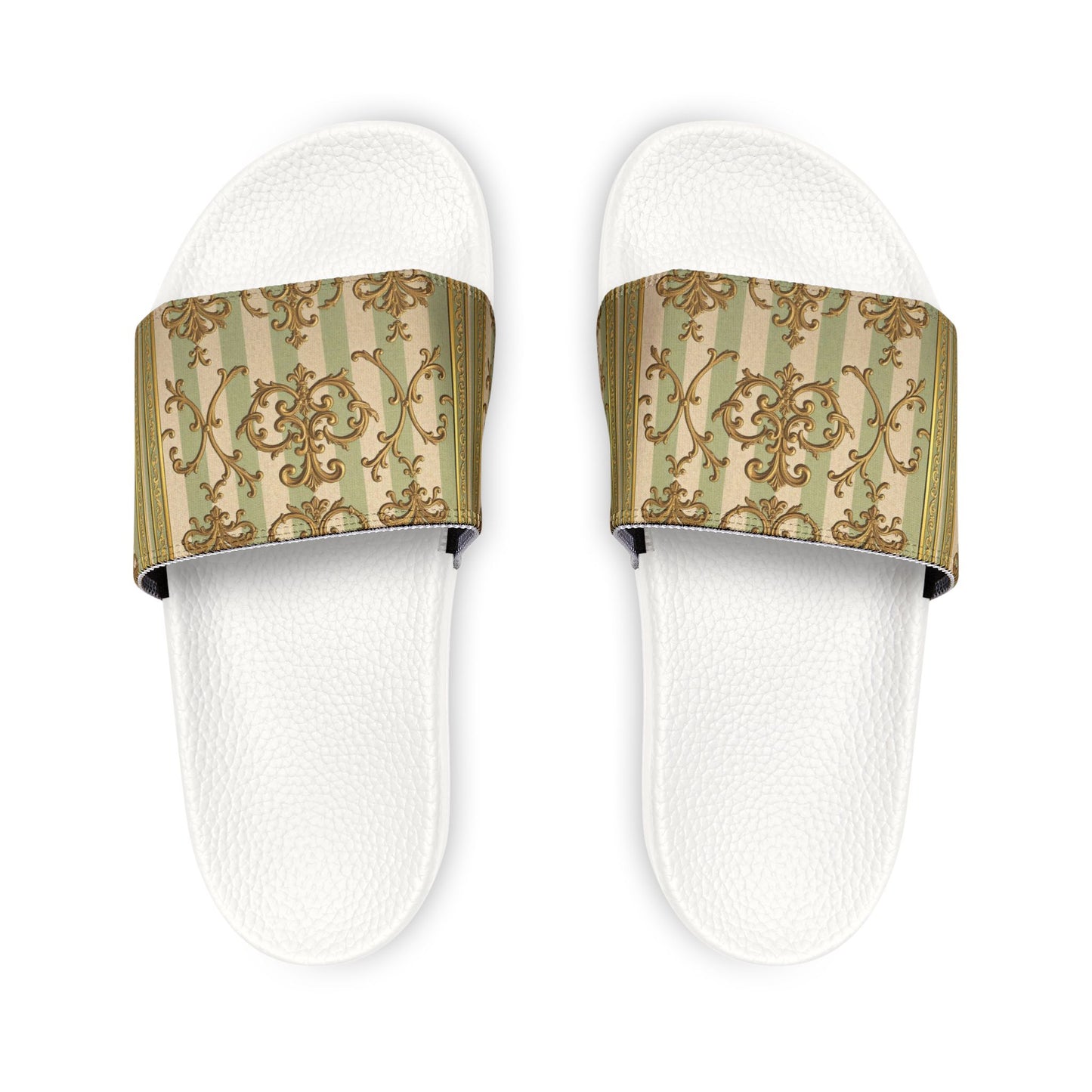 Chic Women's Sandals, Fashion Slip-On Sandals, Summer Flats, Trendy Beach Sandals, Stylish Casual Footwear - Mint & Beige Striped Gold Baroque