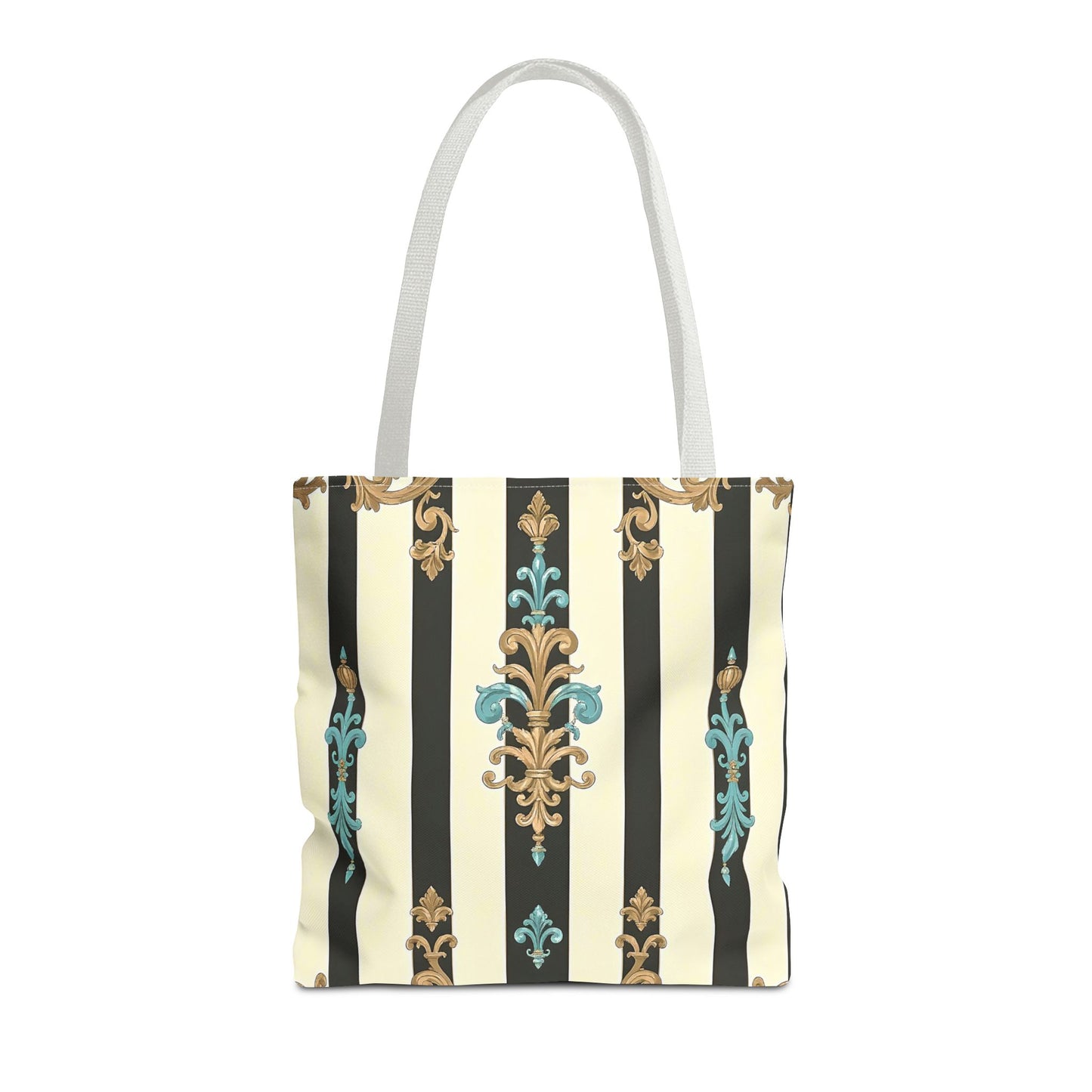 Elegant Stripe Pattern Tote Bag | Fashionable Reusable Shopping Tote, Eco-Friendly Gift Bag - Black Striped Turquoise & Black Rococo