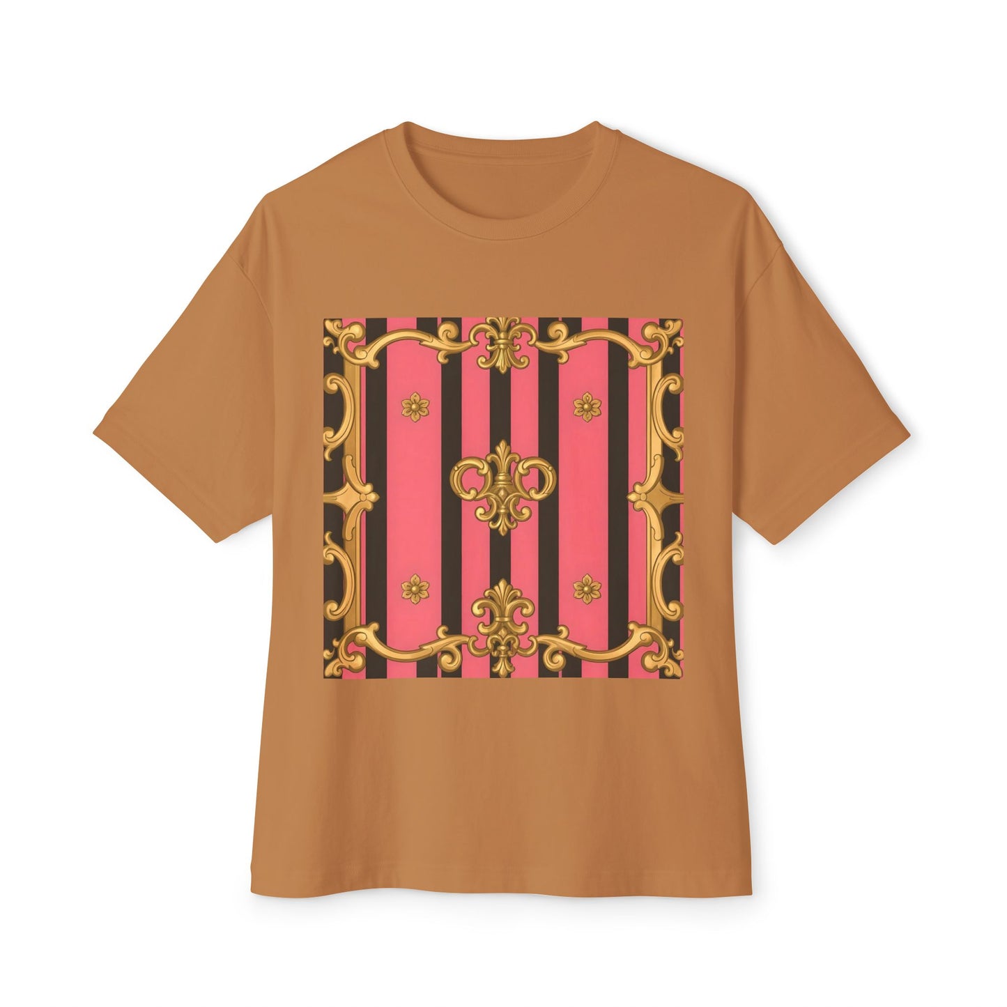 Chic Vintage-Inspired Oversized Tee, Stylish Graphic T-Shirt, Baroque Tee, Casual Summer Shirt - Pink & Black Striped Gold Baroque