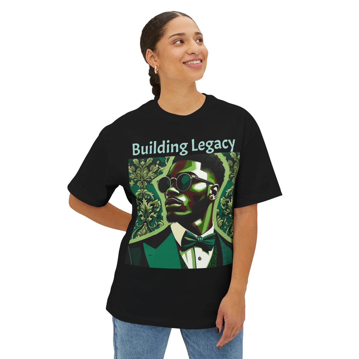 Stylish Oversized Tee, Building Legacy Graphic Tee, Unisex T-Shirt, Fashionable Casual Wear, Gift for Him/Her/Occasions - Matte Green Letters