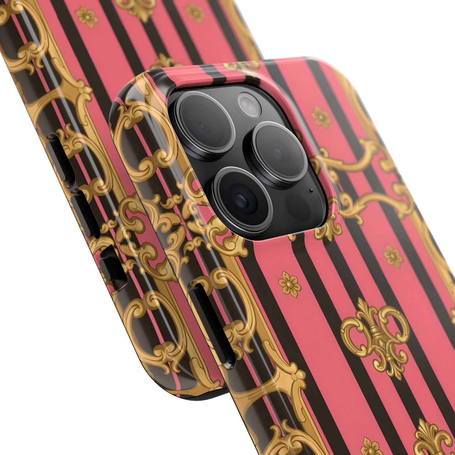 Elegant Baroque Tough Phone Cases, Stylish Protection, Gift for Her, Trendy Accessory - Pink & Black Striped Gold Baroque