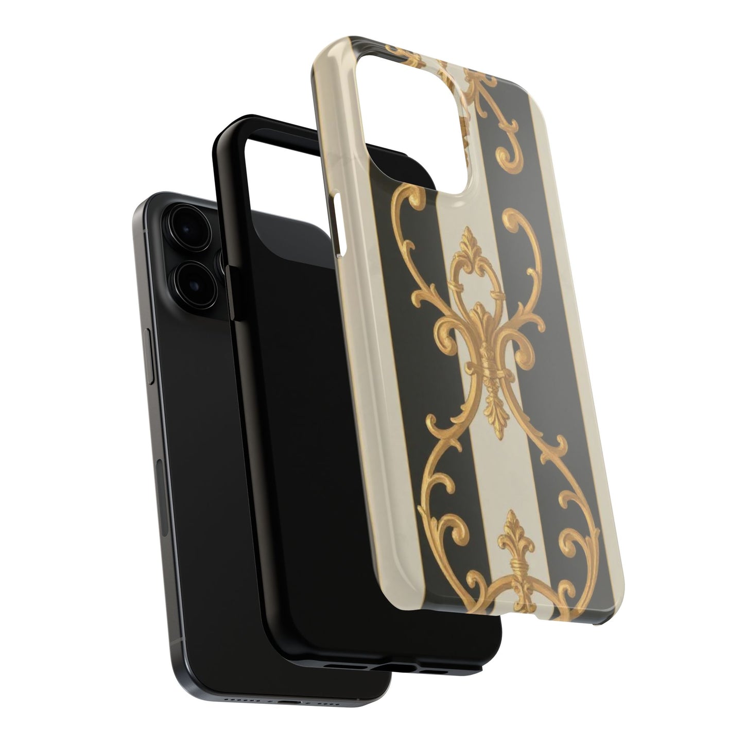 Elegant Black & Alabaster Striped Baroque Tough Phone Cases - Chic Protection, Black Gold Decor, Stylish Accessory, Gift for Her, Trendy Tech