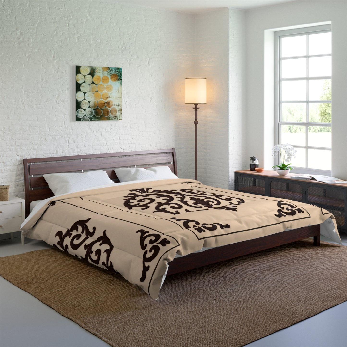 Almond-Beige & Brown Baroque Tile Comforter – Classic Beige & Espresso Decorative Bedding
