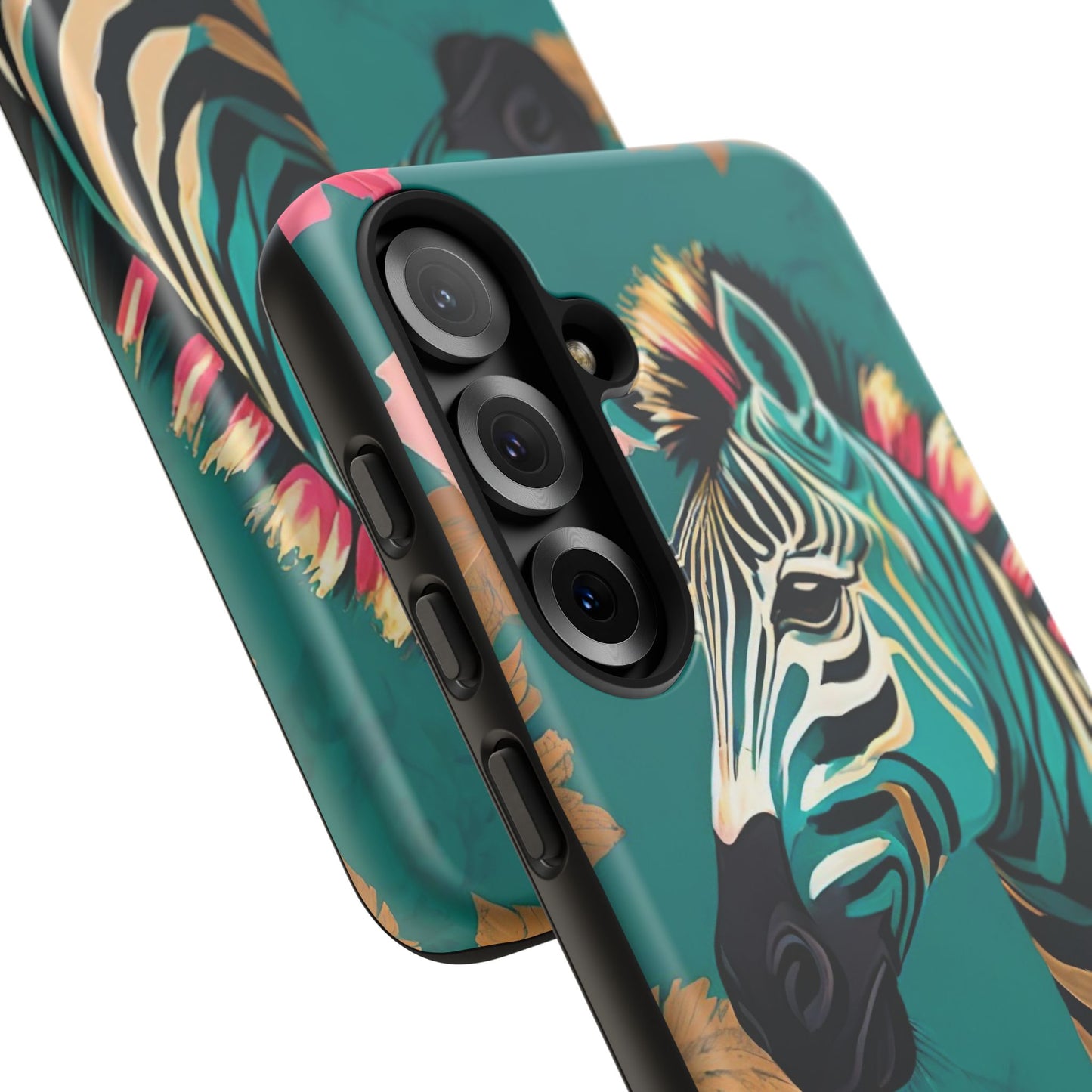 Phone Case - Elegant Teal & Gold Zebra & Roses Design