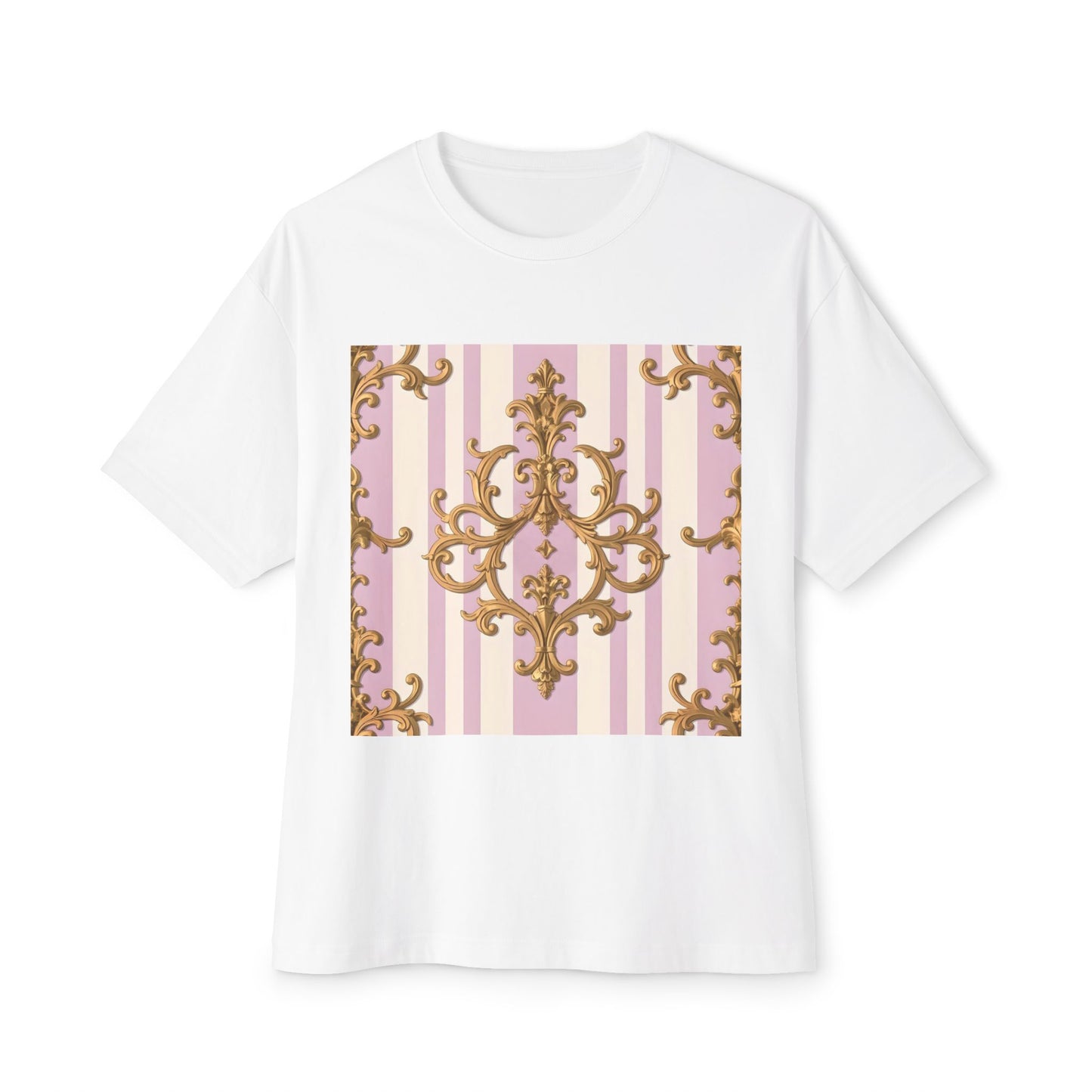 Chic Oversized Boxy Tee for Stylish Comfort, Casual Wear, Graphic Tee, Trendy Fashion, Gifts for Her - Lilac & Alabaster Striped Gold Baroque