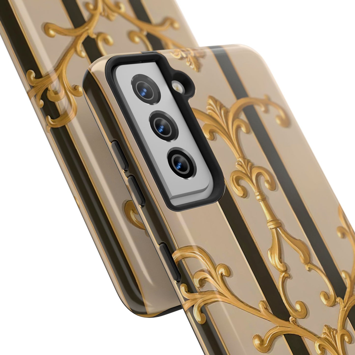 Elegant Vintage Tough Phone Case, Stylish Phone Cover, Boho Accessories, Perfect Gift for Her - Beige Striped Gold Rococo
