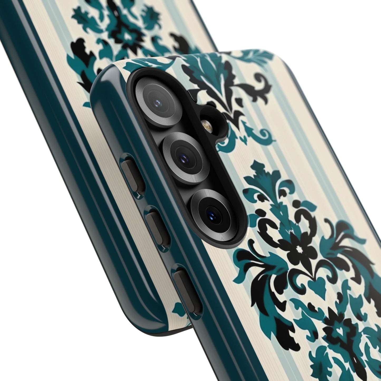 Elegant Floral Phone Case - Tough Cases with Vintage Design - Teal Striped Damask
