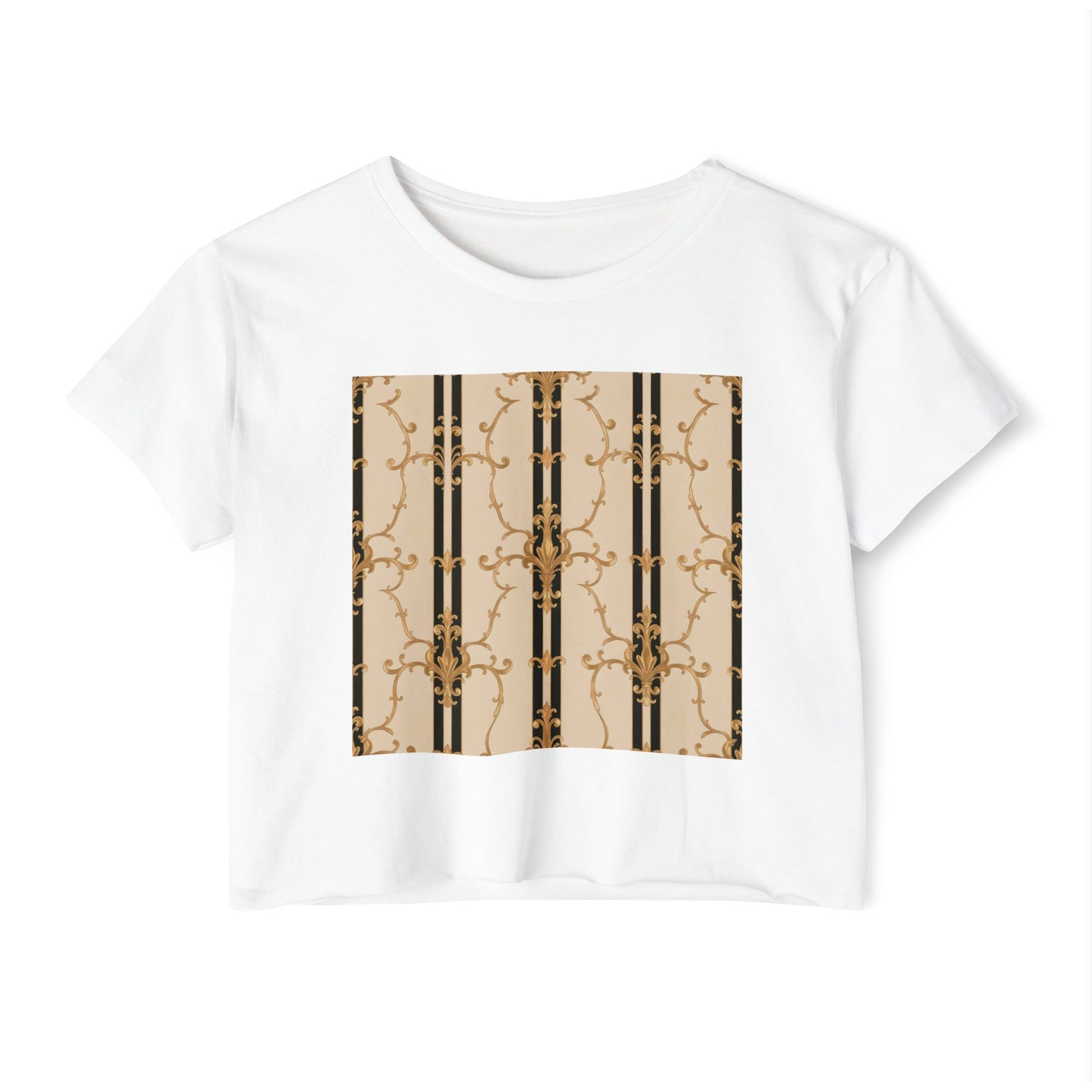 Festival Crop Top, Stylish Summer Tee, Trendy Women's Shirt, Festival Wear, Perfect for Music Events - Black & Beige Striped Damask