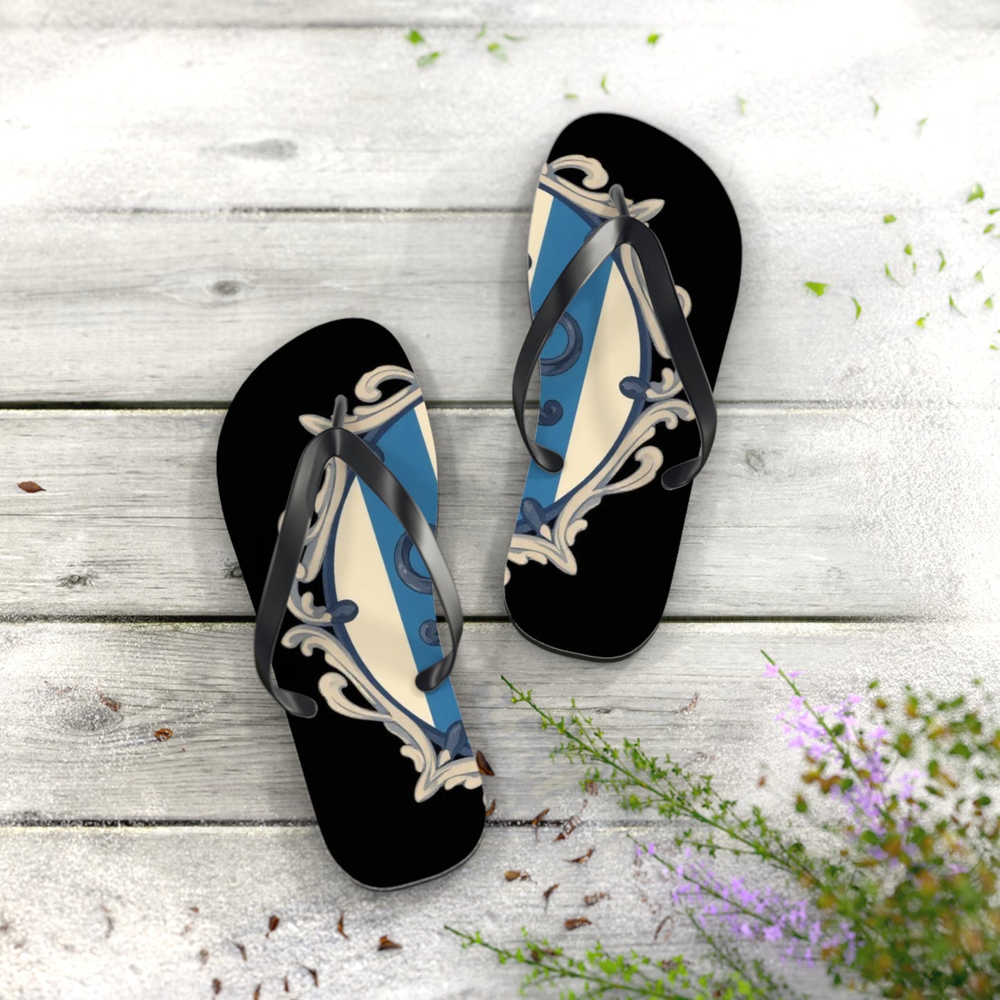 Stylish Blue & Alabaster Striped Baroque Beach Flip Flops, Summer Footwear, Vacation Sandals, Casual Footwear, Pool Party Essentials