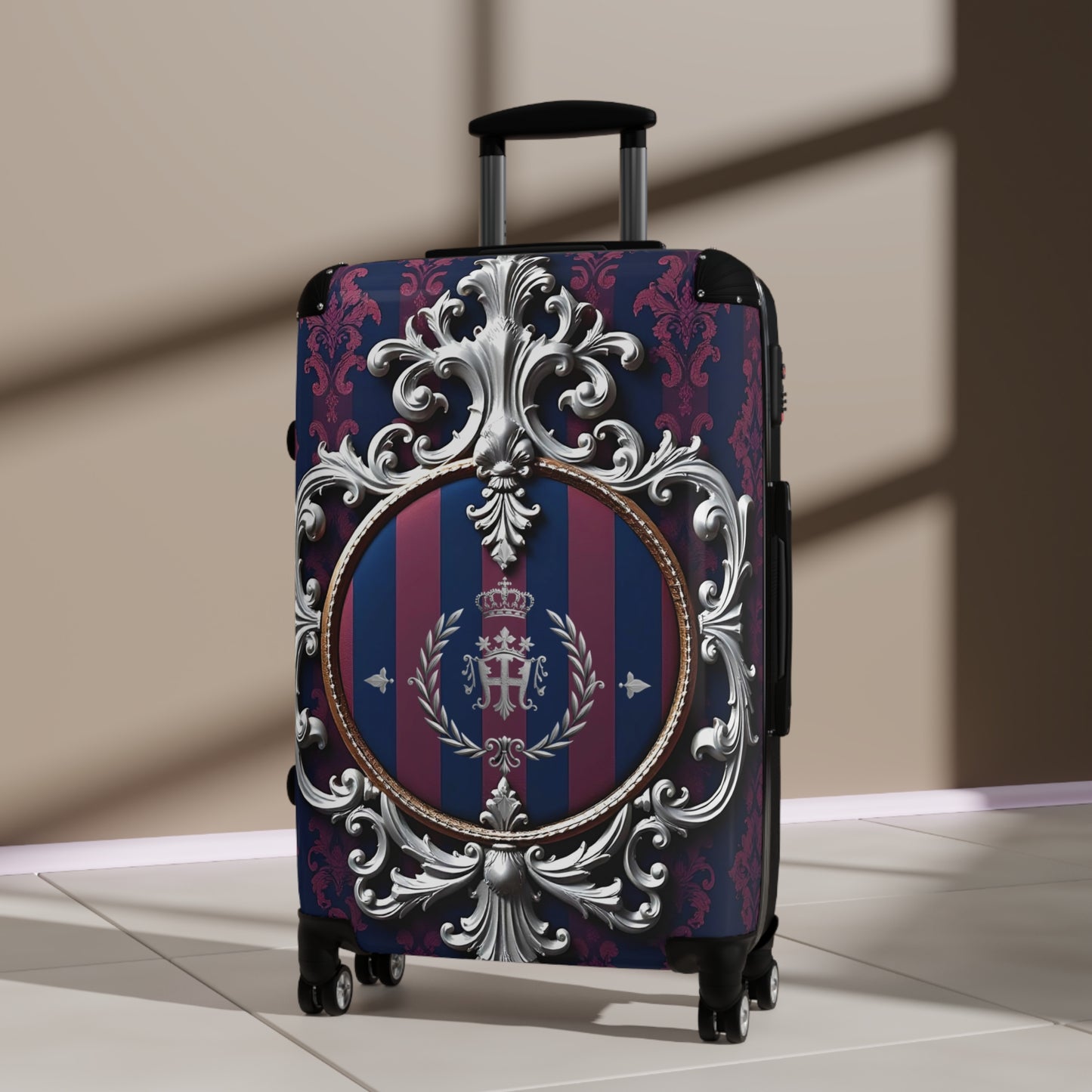 Elegant Suitcase for Travel, Stylish Luggage, Vintage Design Carry-On, Perfect for Adventures, Stylish Getaways - Blue & Plum Striped Silver Crest