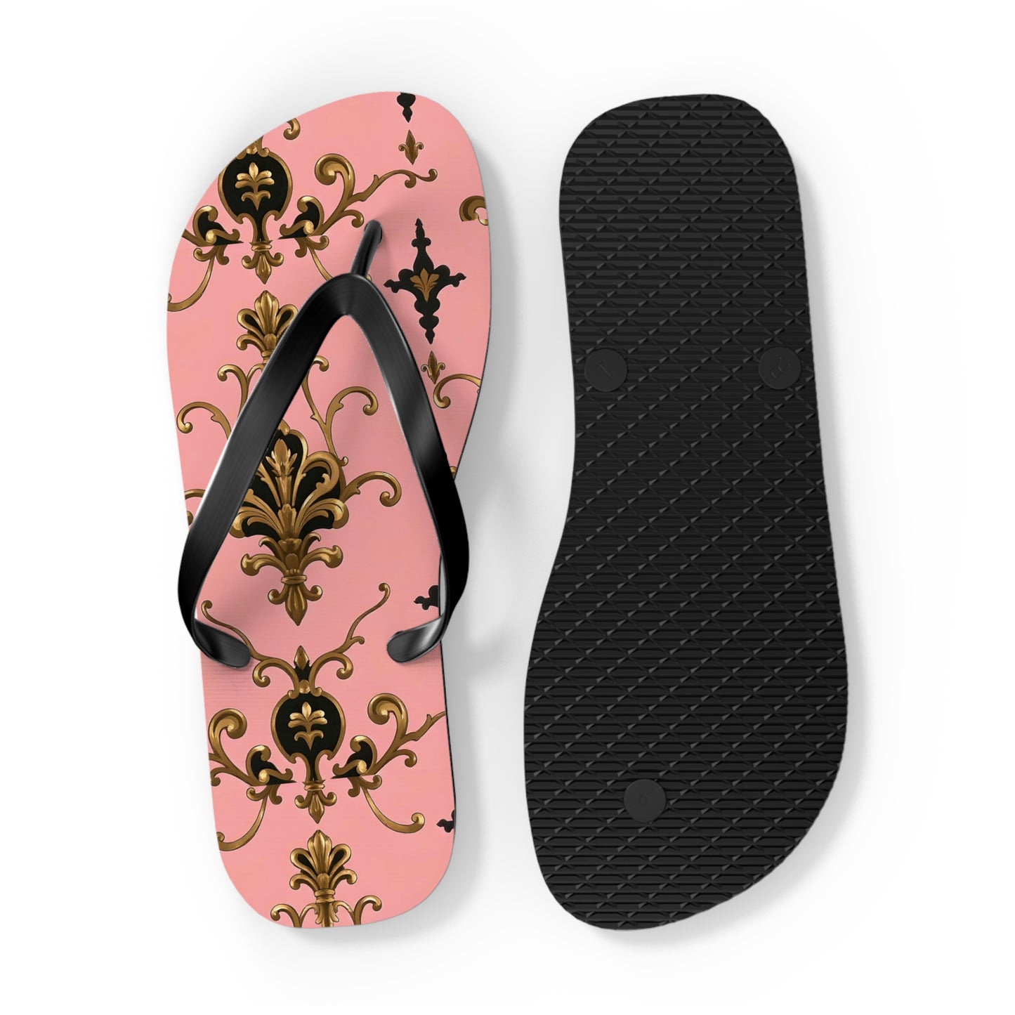 Stylish Flip Flops with Elegant Pink Design, Summer Footwear, Beach Sandals, Vacation Essentials - Pink, Black & Gold Rococo