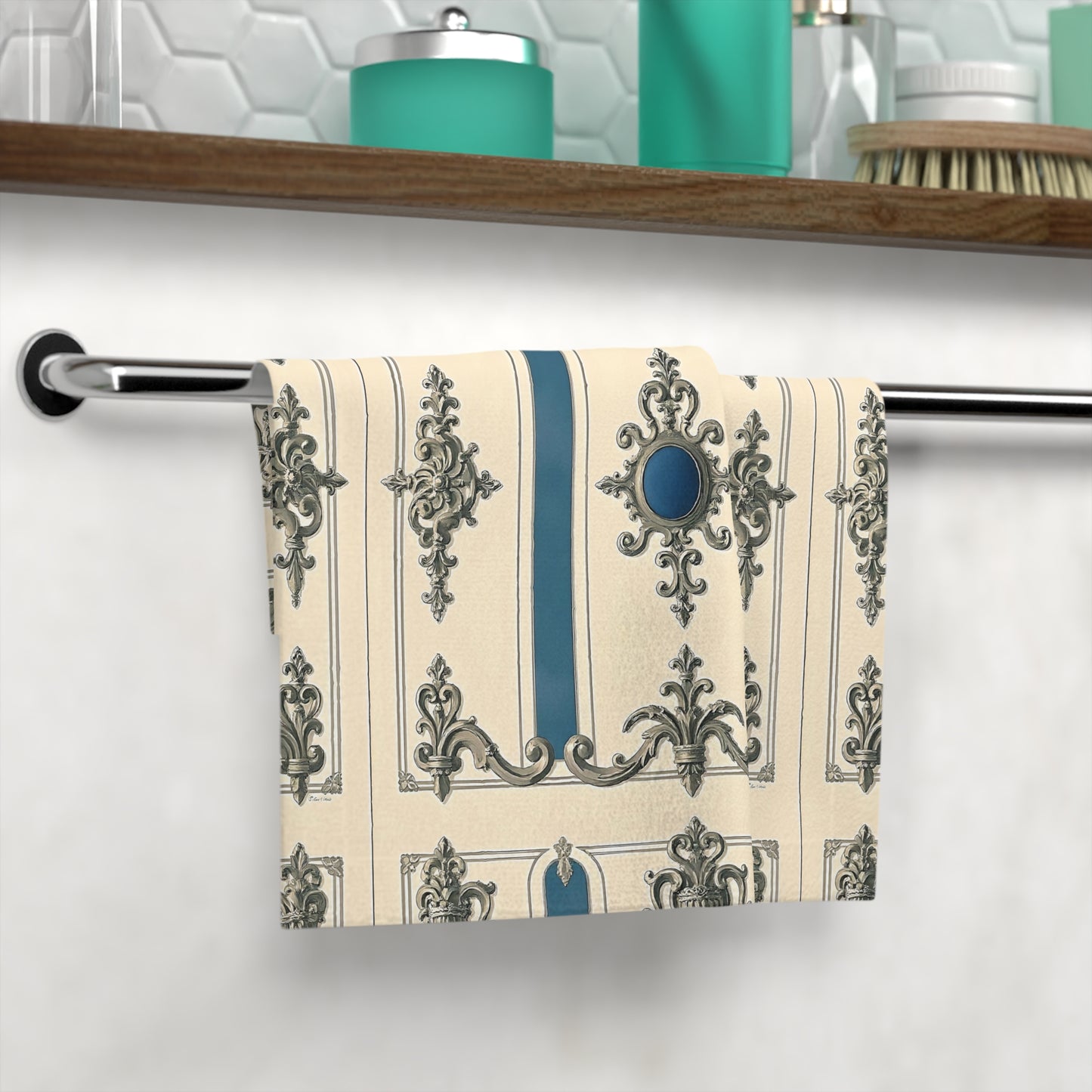 Elegant Decorative Face Towel - Luxury Home Accessory - Alabaster & Ocean Blue Baroque