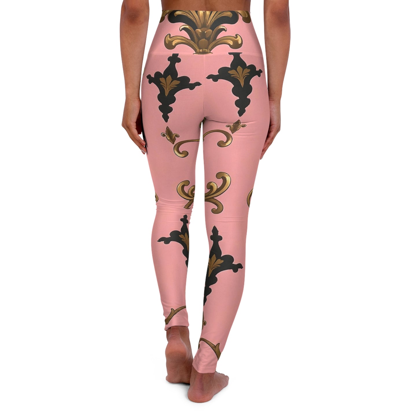 Elegant High Waisted Yoga Leggings, Floral Print Fitness Pants, Women's Workout Leggings - Pink, Black & Gold Rococo