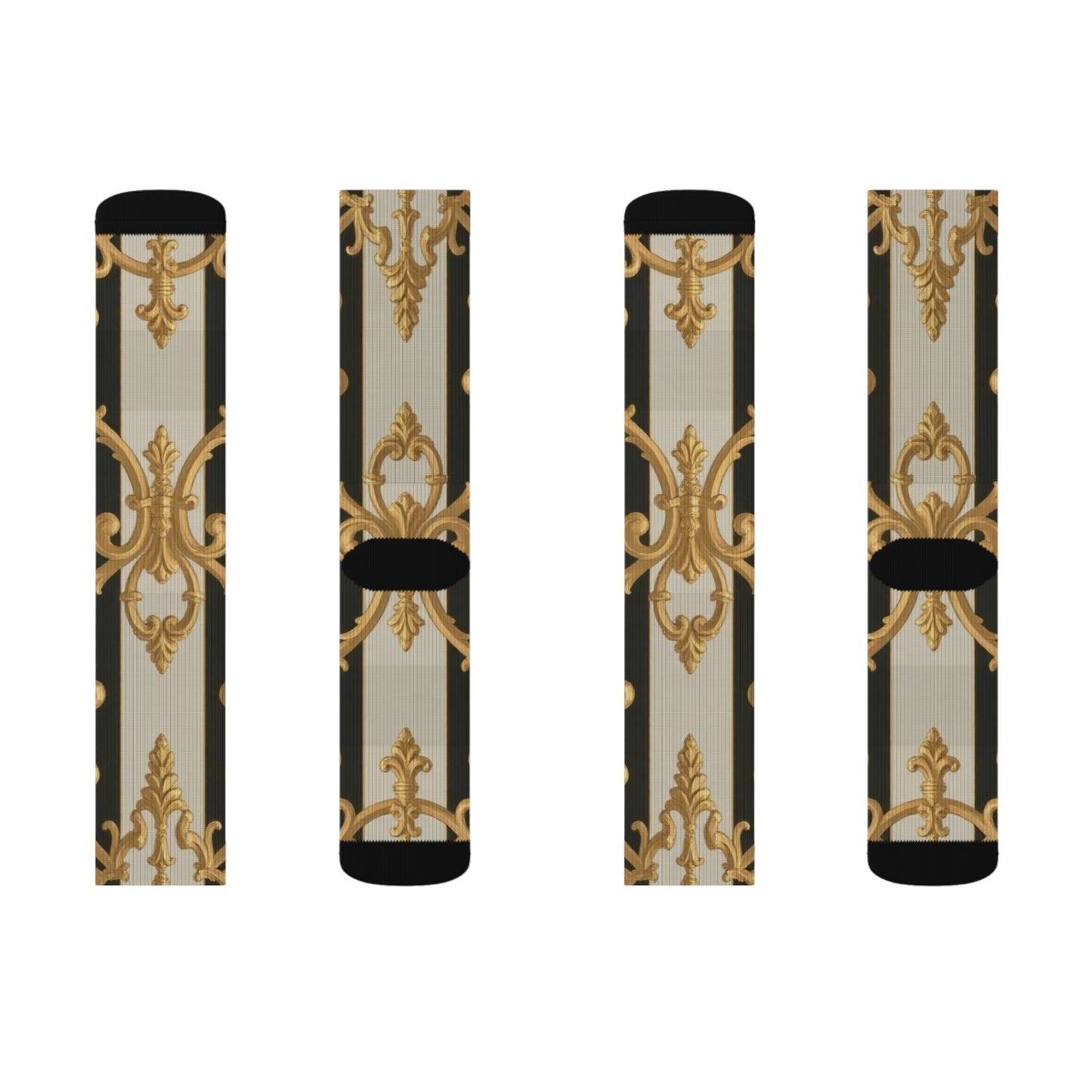 Luxurious Black & Alabaster Striped Baroque Patterned Socks - Stylish Sublimation Socks for Daily Wear, Gifts, Fashion Accessories, Special Occasions