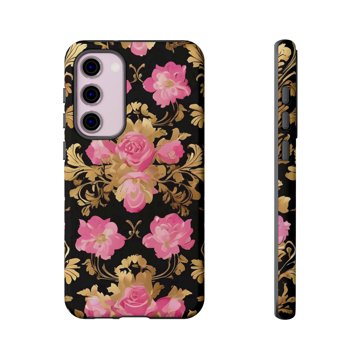 Elegant Floral Motif Phone Case - Tough Cases with Vintage Design - Pink & Gold Roses