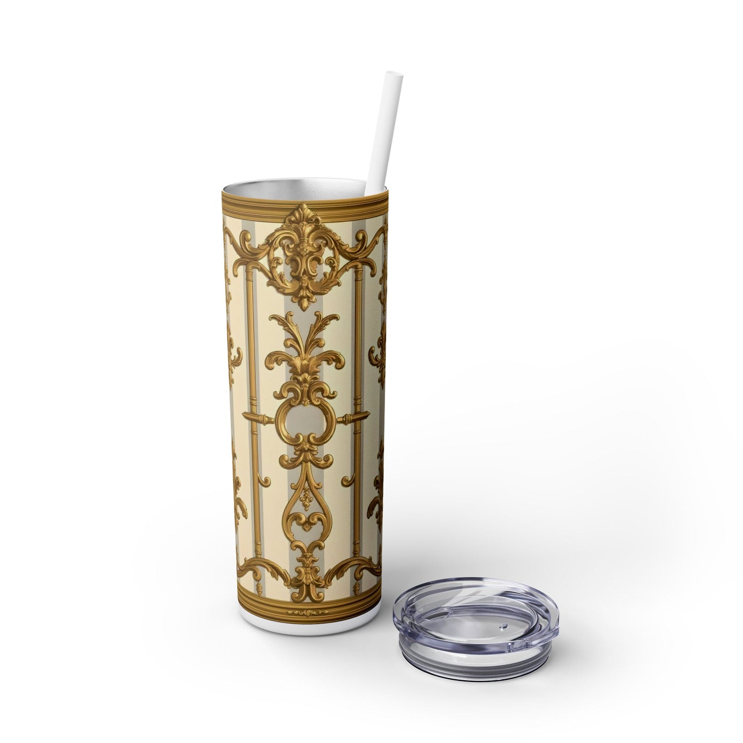 Elegant Vintage Skinny Tumbler with Straw, 20oz - Golden Baroque Design for Weddings, Parties - Matte Gray & Cream Striped Gold Baroque
