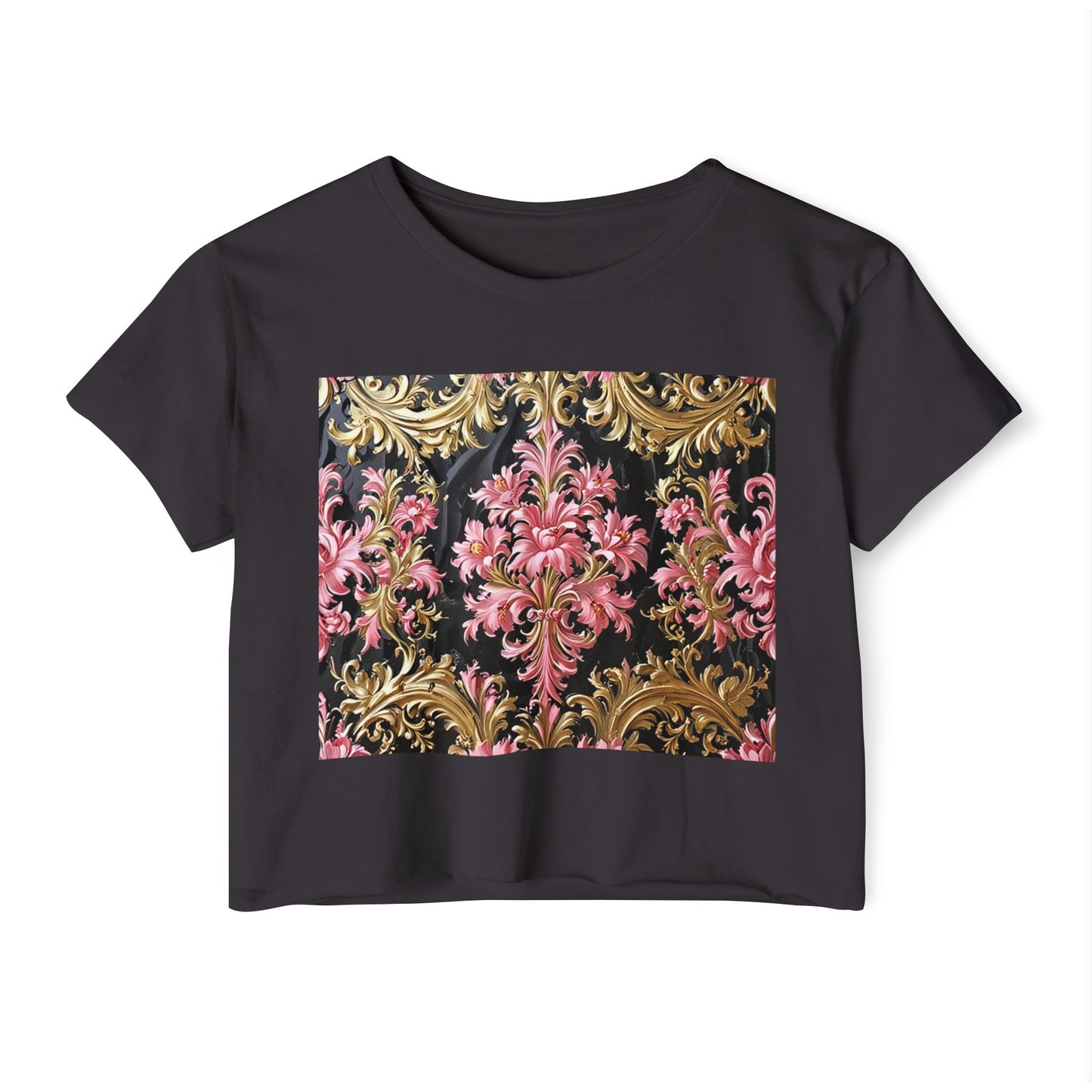 Festival-Ready Women's Crop Top, Boho Chic Tee, Summer Music Fest Shirt, Stylish Festival Wear - Black & Pink Oil Painting Style Rococo