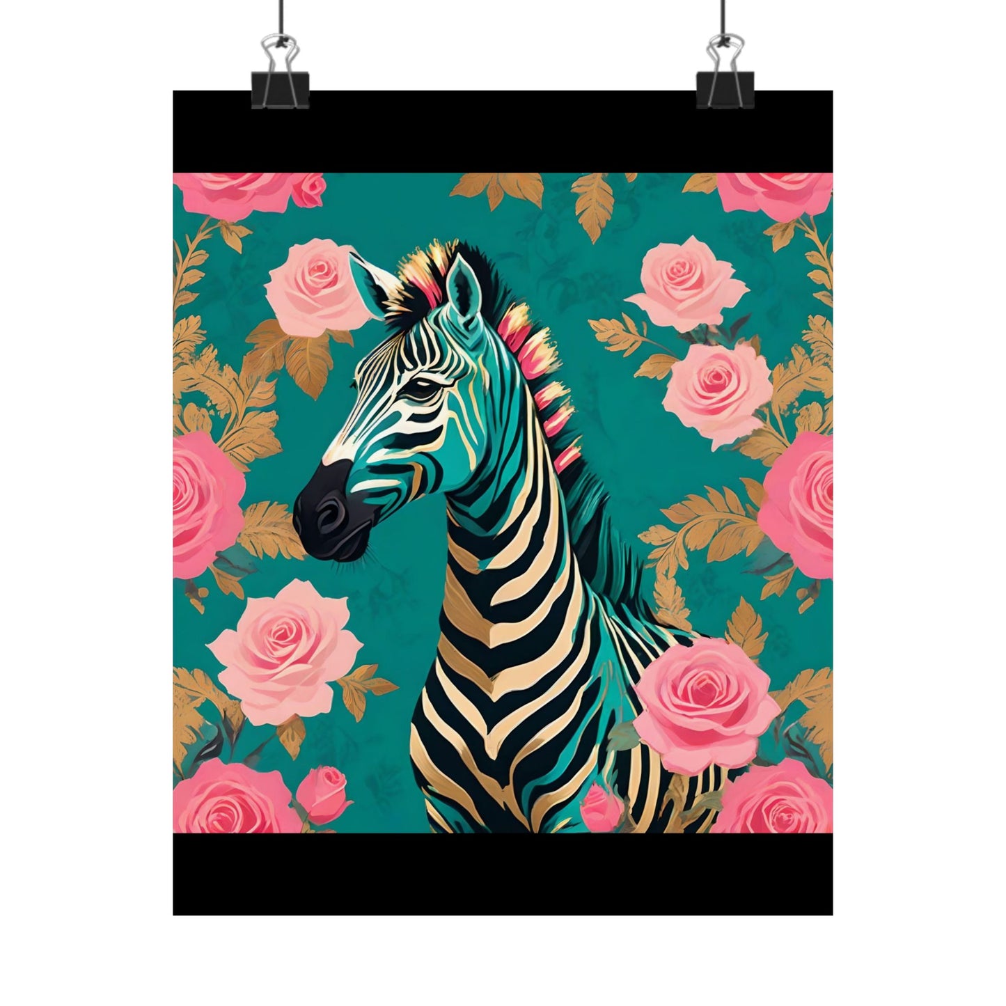 Floral Art Poster - Elegant Matte Vertical Wall Decor - Teal & Gold Zebra & Roses