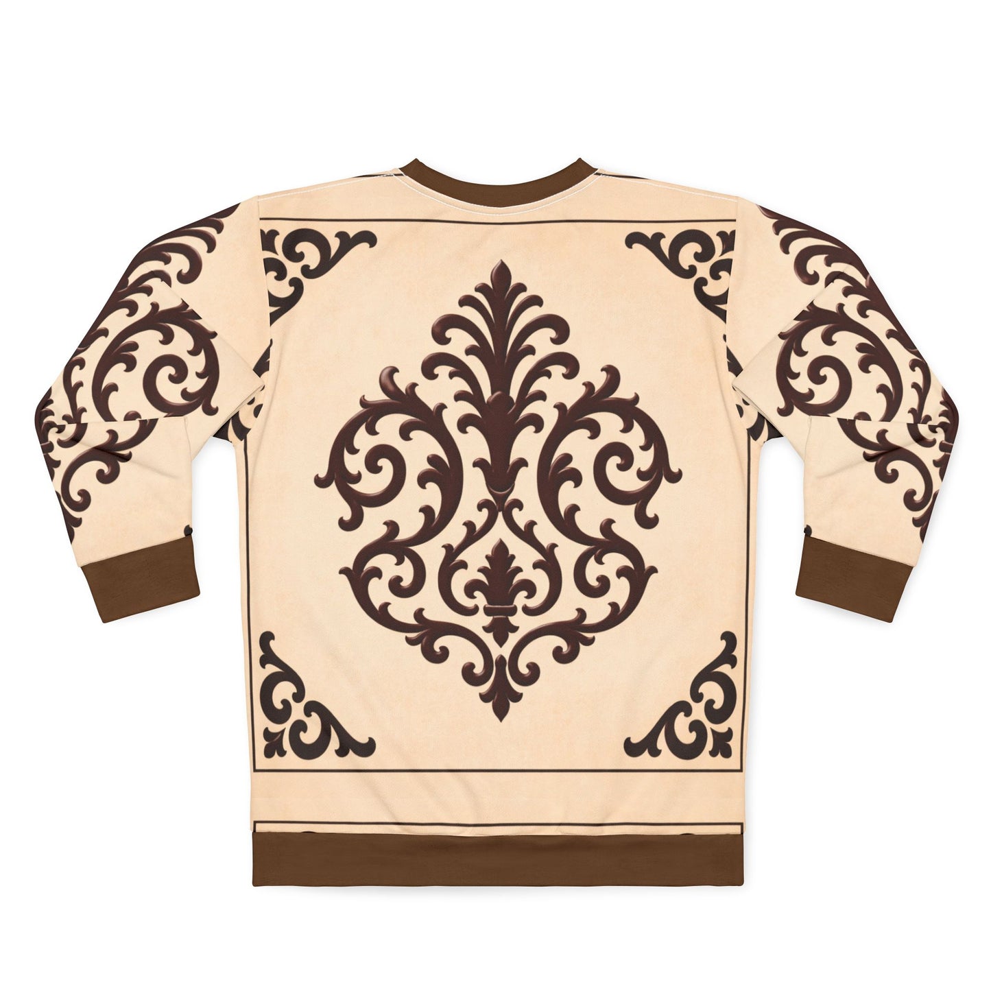 Almond-Beige & Brown Baroque Sweatshirt — Vintage Baroque Scroll Pattern All-Over Print