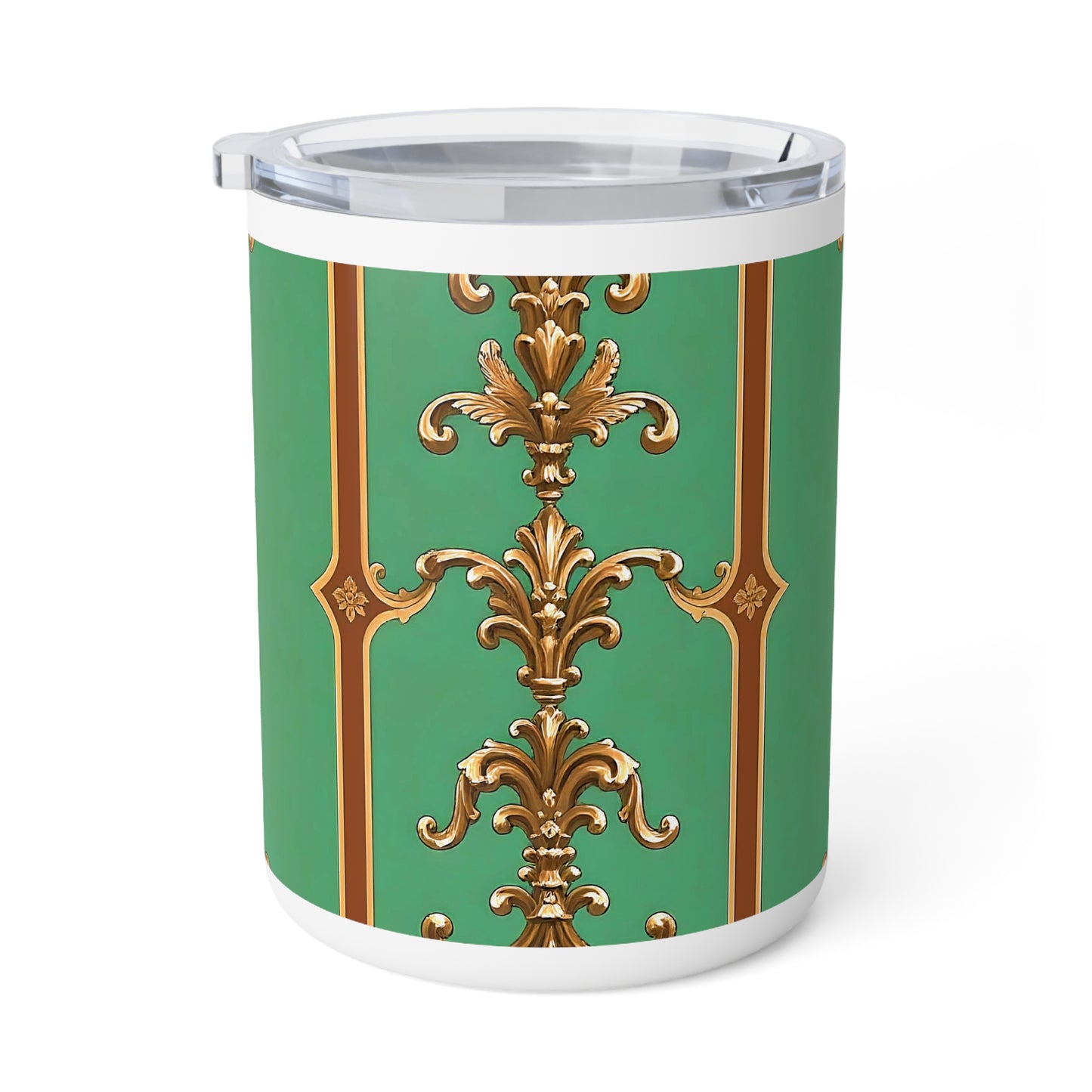 Elegant Vintage Insulated Coffee Mug - 10oz Green & Gold Design - Rust & Green Striped Baroque
