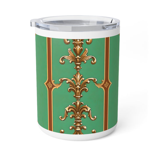 Elegant Vintage Insulated Coffee Mug - 10oz Green & Gold Design - Rust & Green Striped Baroque