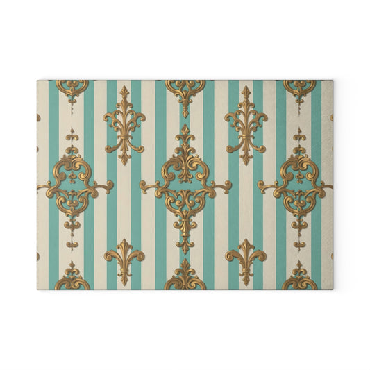 Elegant Vintage Design Glass Cutting Board, Kitchen Decor, Cooking Gift, Home Decor, Housewarming Gift - Matte Green Striped Rococo