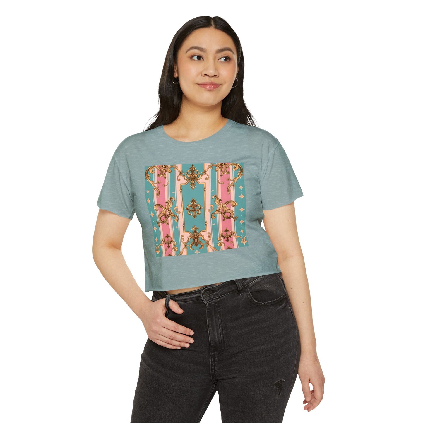Rococo Festival Crop Top, Summer Crop Tee, Music Festival Clothing, Trendy Women's Fashion - Pink & Matte Turquoise Striped Rococo